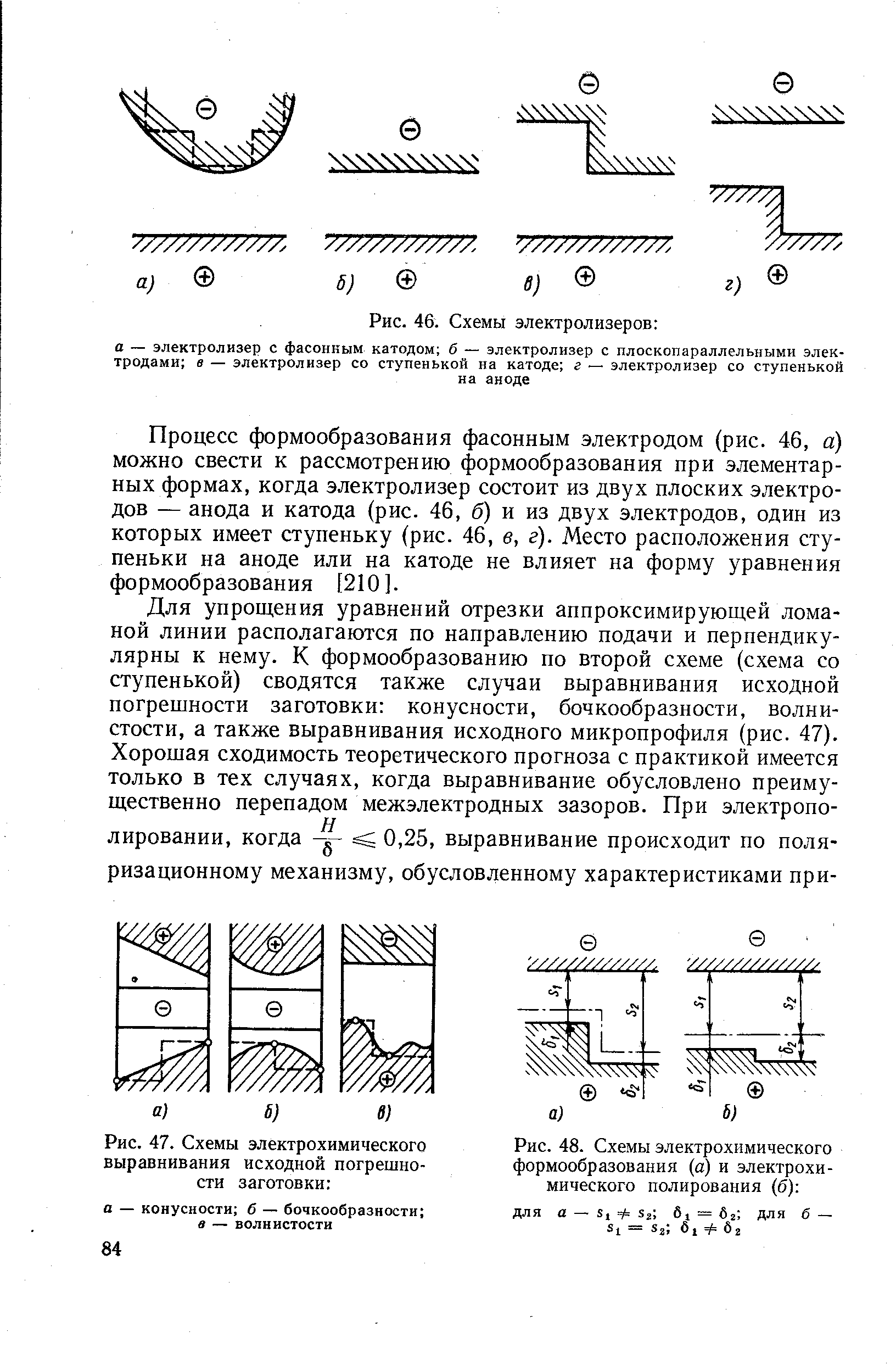 Рис. 48. Схемы электрохимического формообразования (а) и электрохимического полирования (б) 
