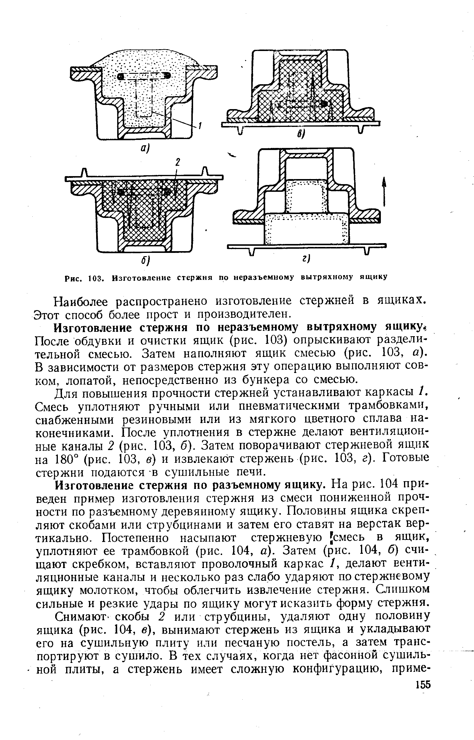 Рис. 103. Изготовление стержня по неразъемному вытряхному ящику
