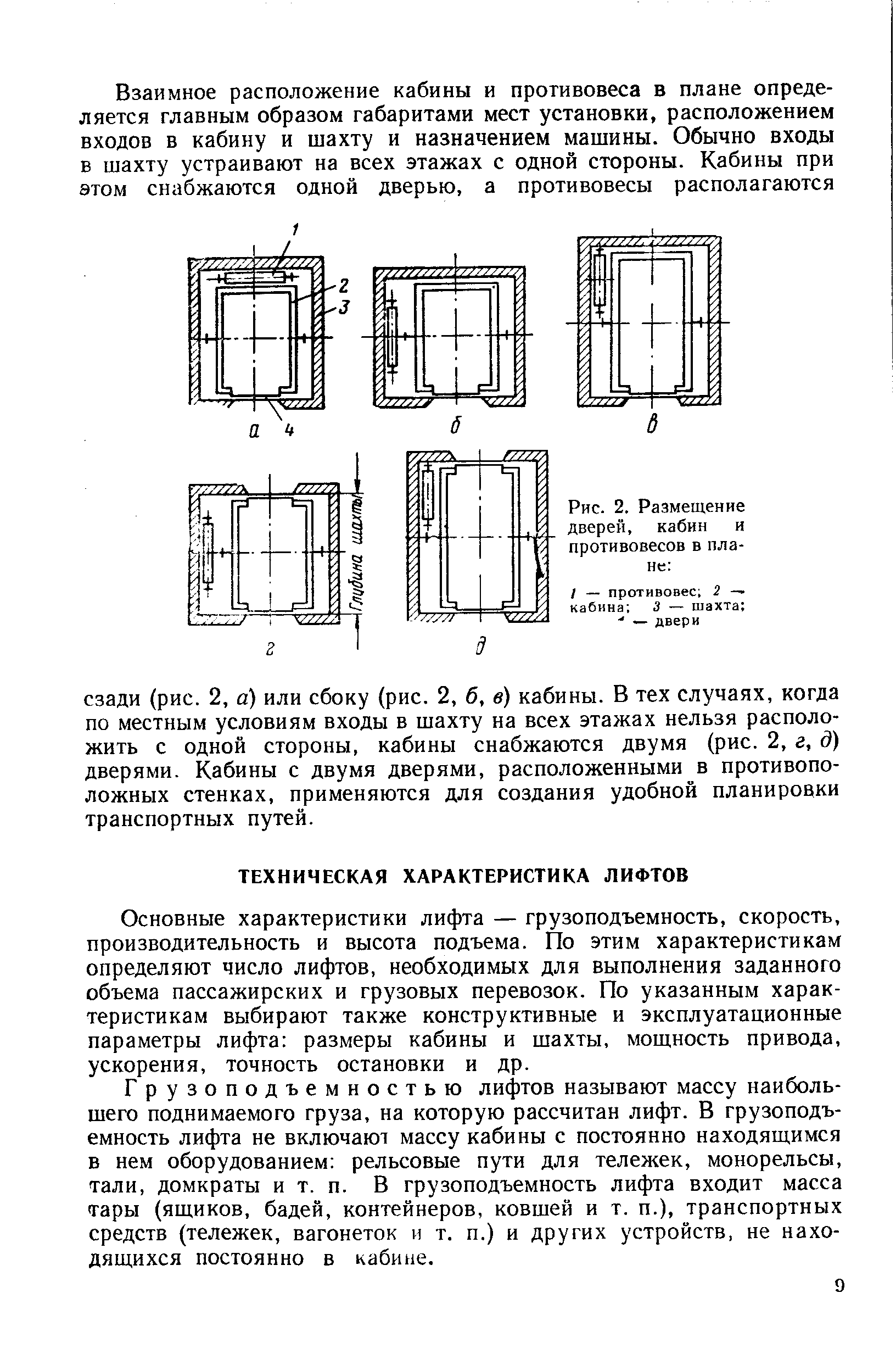 Основные характеристики лифта — грузоподъемность, скорость, производительность и высота подъема. По этим характеристикам определяют число лифтов, необходимых для выполнения заданного объема пассажирских и грузовых перевозок. По указанным характеристикам выбирают также конструктивные и эксплуатационные параметры лифта размеры кабины и шахты, мошность привода, ускорения, точность остановки и др.
