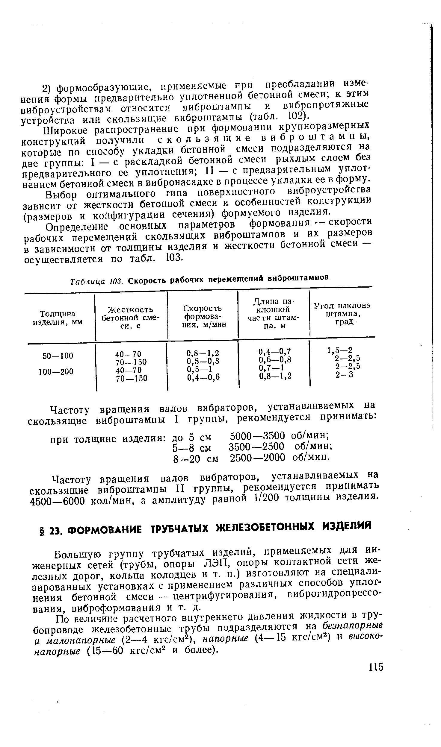 Таблица 03. Скорость рабочих перемещений виброштампов
