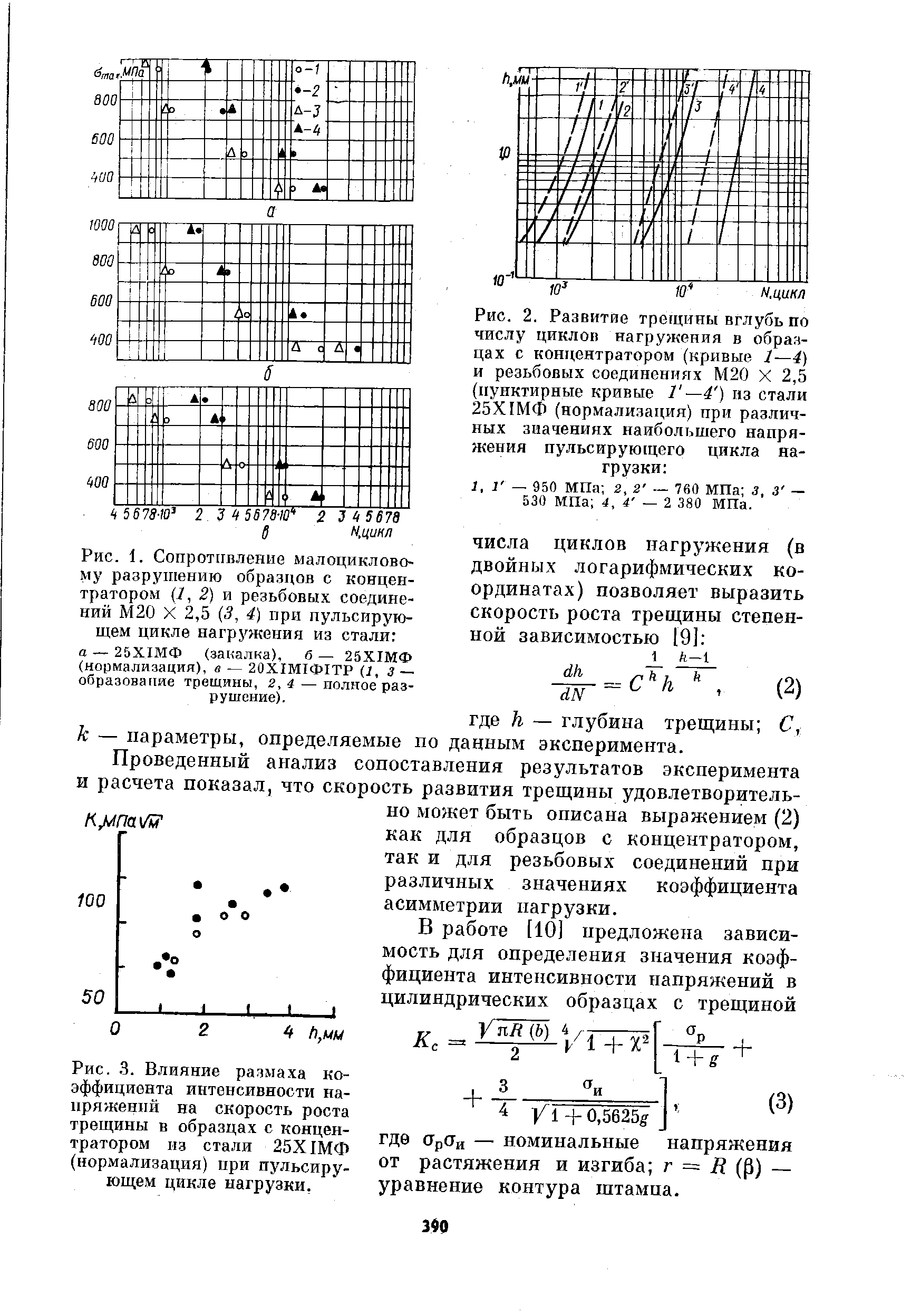 Рис. 1. Сопротивление малоцикловому разрушению образцов с концентратором 1, 2) ш резьбовых соединений М20 X 2,5 (5, 4) при пульсирующем цикле нагружения из стали а — 25Х1МФ (закалка), б — 25Х1МФ (нормализация), в — 20Х1М1Ф1ТР (1, з — образование трещины, 2,4 — полное разрушение).
