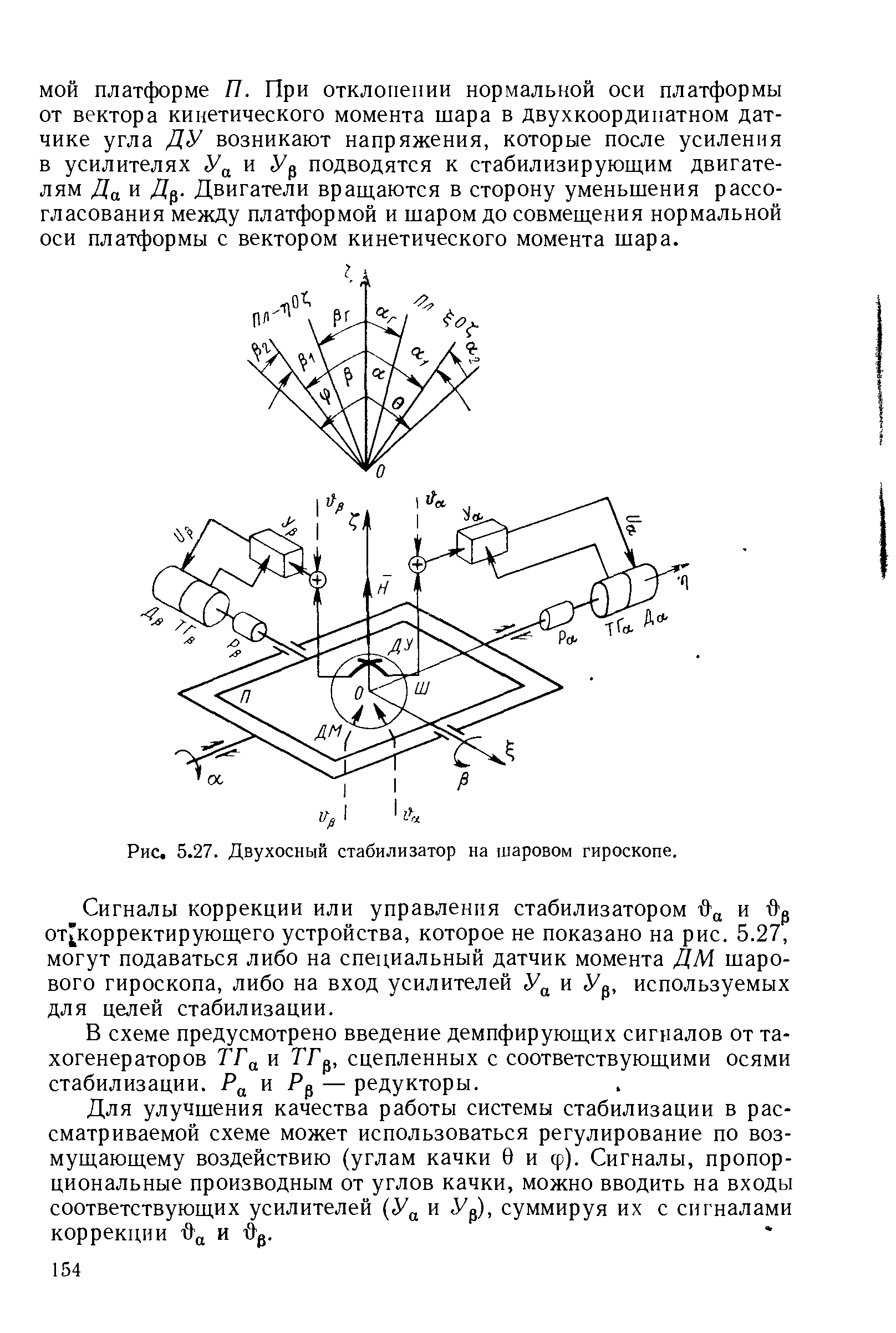Сигналы коррекции или управления стабилизатором йц и др от[корректирующего устройства, которое не показано на рис. 5.27, могут подаваться либо на специальный датчик момента ДМ шарового гироскопа, либо на вход усилителей У и Ур, используемых для целей стабилизации.

