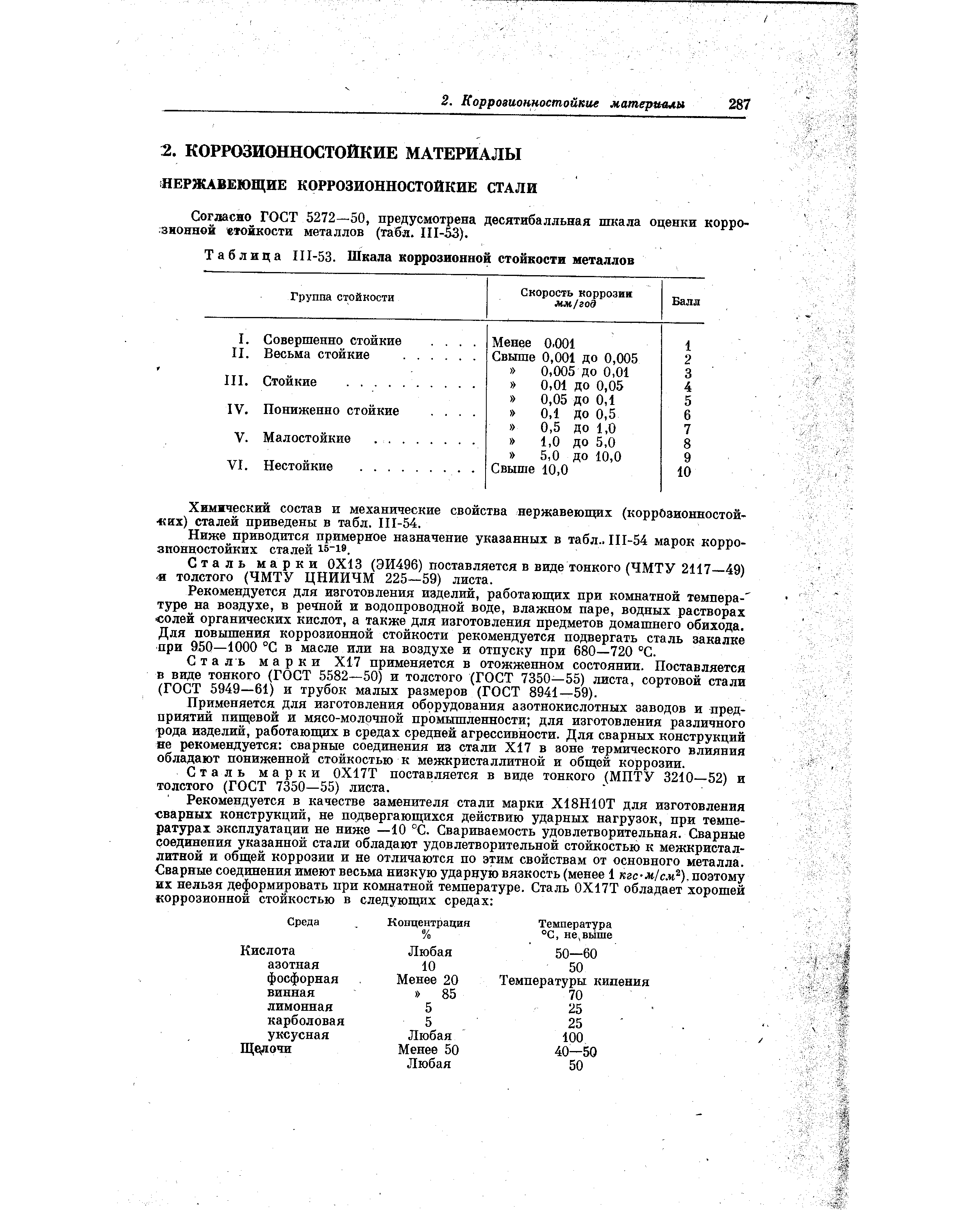 Согласно ГОСТ 5272—50, предусмотрена десятибалльная шкала оценки коррозионной етойкости металлов (табя. 111-53).
