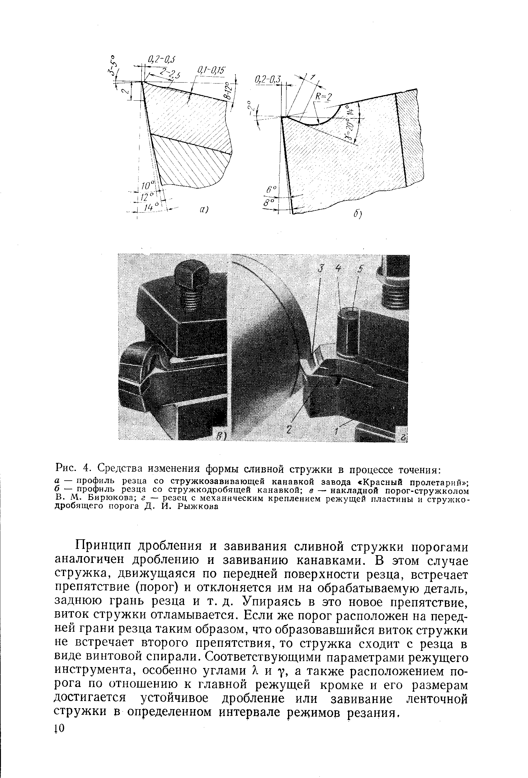 Рис. 4. Средства <a href="/info/145344">изменения формы</a> <a href="/info/272090">сливной стружки</a> в процессе точения а — профиль резца со стружкозавивающей канавкой завода <a href="/info/456627">Красный пролетарий</a> б — профиль резца со стружкодробящей канавкой в — накладной порог-стружколом В. М. Бирюкова г — резец с <a href="/info/426811">механическим креплением</a> режущей пластины и стружкодробящего порога Д. И. Рыжкова

