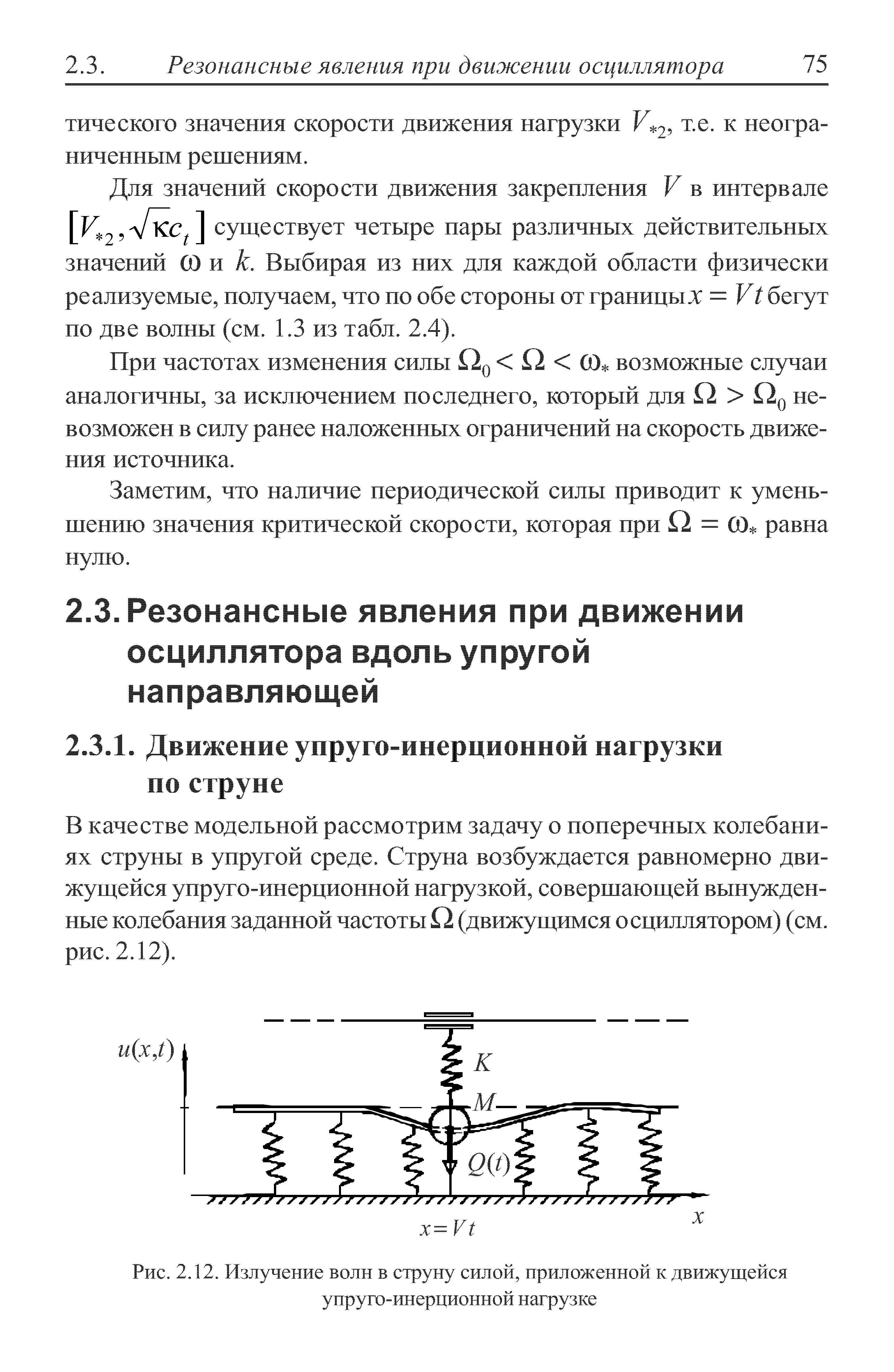 В качестве модельной рассмотрим задачу о поперечных колебаниях струны в упругой среде. Струна возбуждается равномерно движущейся упруго-инерционной нагрузкой, совершающей вынужденные колебания заданной частоты О (движущимся осциллятором) (см.
