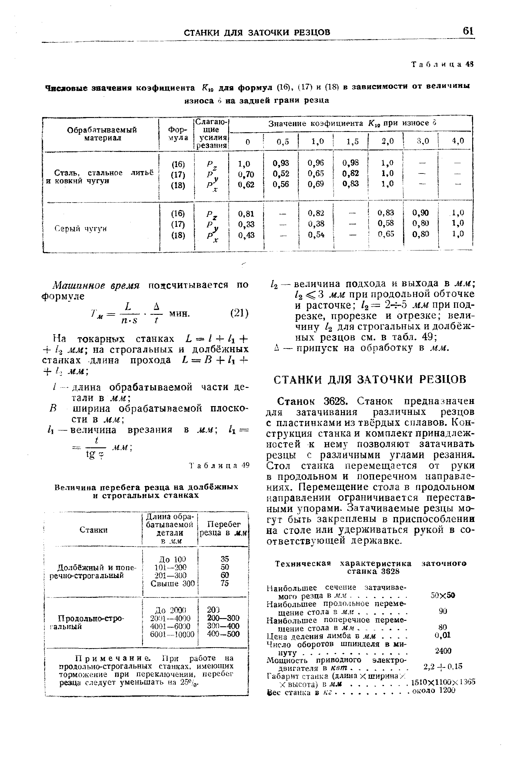 Станок 3628. Станок предназначен для затачивания различных резцов с пластинками из твёрдых сплавов. Конструкция станка и комплект принадлежностей к нему позволяют затачивать резцы с различными углами резания. Стол станка перемещается от руки в продольном и поперечном направлениях. Перемещение стола в продольном направлении ограничивается перестав-ны.ми упорами. Затачиваемые резцы могут быть закреплены в приспособлении на столе или удерживаться рукой в соответствующей державке.
