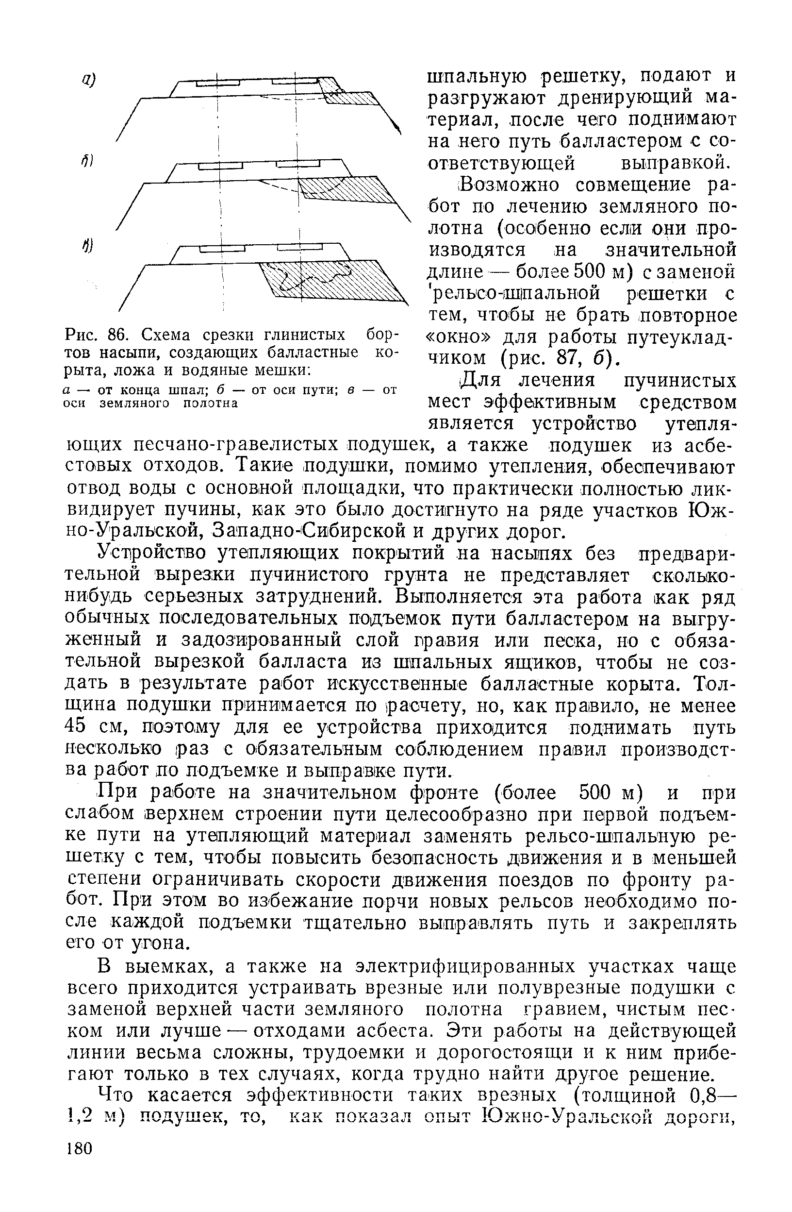 Рис. 86. Схема срезки глинистых бортов насыпи, создающих балластные корыта, ложа и водяные мешки а — от конца шпал б — от оси пути в — от
