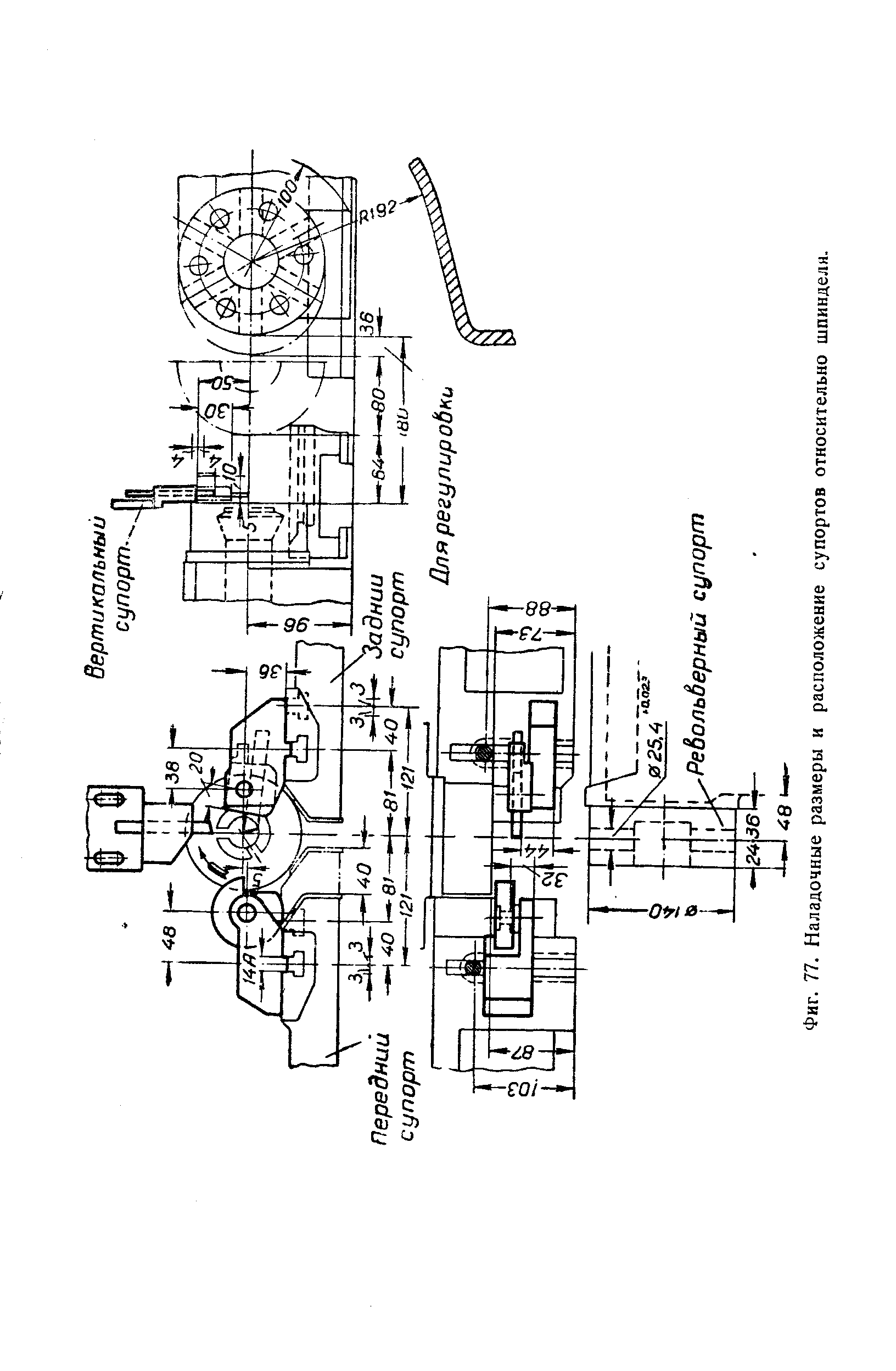 Фиг. 77. Наладочные размеры и расположение супортов относительно шпинделн.
