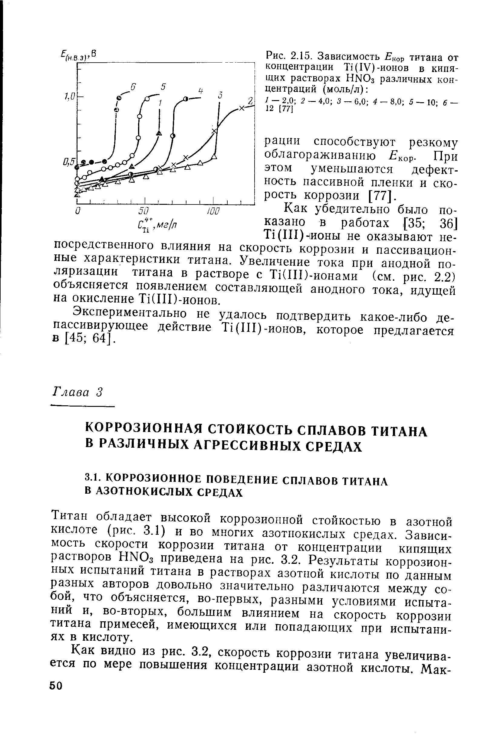 Титан обладает высокой коррозионной стойкостью в азотной кислоте (рис. 3.1) и во многих азотнокислых средах. Зависимость скорости коррозии титана от концентрации кипящих растворов ННОз приведена на рис. 3.2. Результаты коррозионных испытаний титана в растворах азопюй кислоты по данным разных авторов довольно значительно различаются между собой, что объясняется, во-первых, разными условиями испытаний и, во-вторых, большим влиянием на скорость коррозии титана примесей, имеющихся или попадающих при испытаниях в кислоту.
