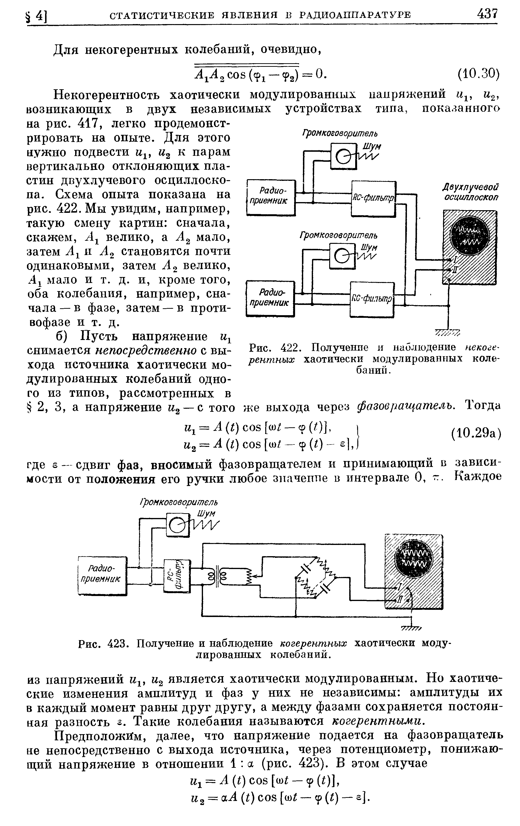 Рис. 422. Получение и наблюдение некогерентных хаотически модулированных колебаний.
