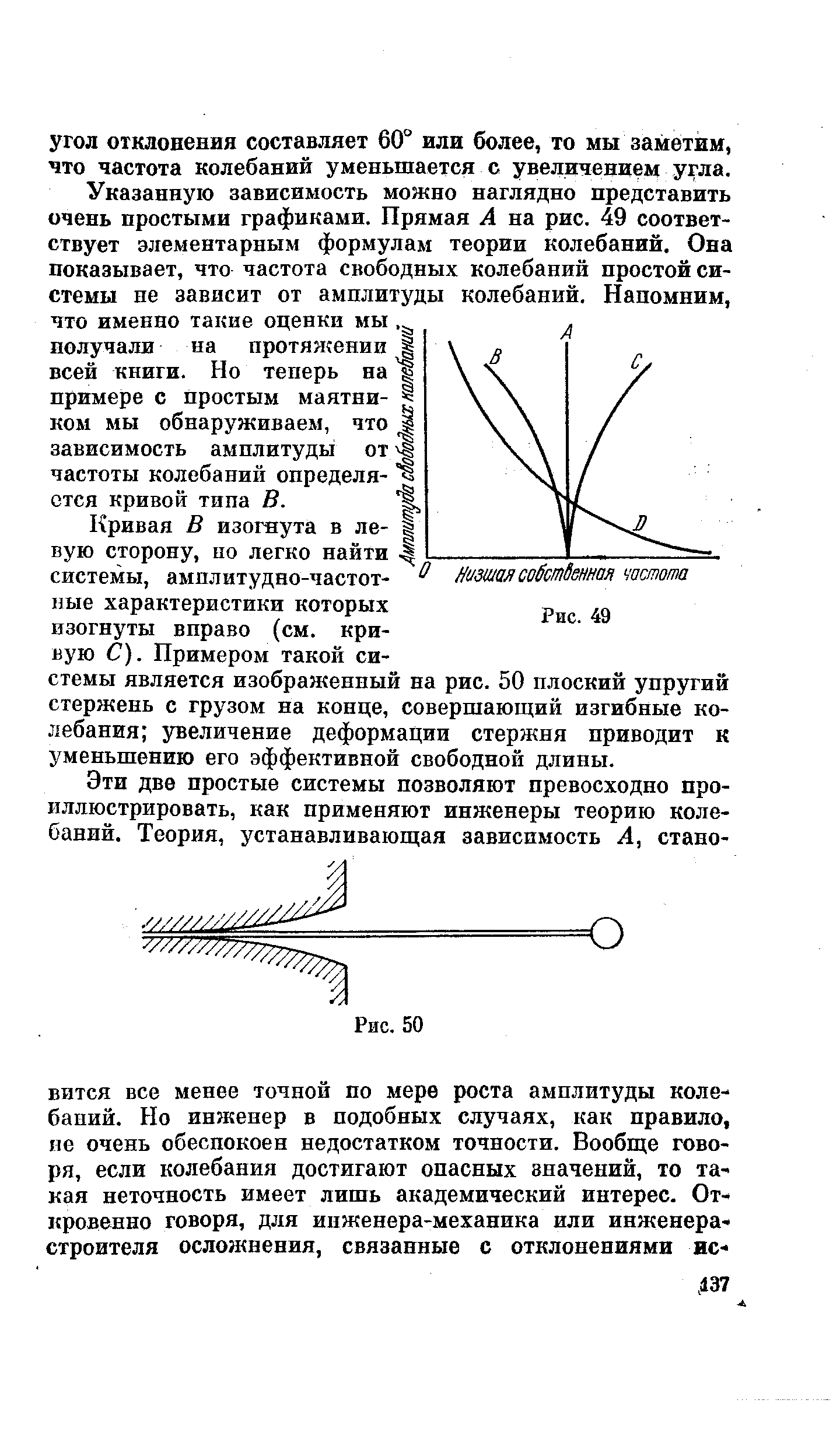 Указанную зависимость можно наглядно представить очень простыми графиками. Прямая А на рис. 49 соответствует элементарным формулам теории колебаний. Она показывает, что частота свободных колебаний простой системы не зависит от амплитуды колебаний. Напомним, что именно такие оценки мы получали на протяжении всей книги. Но теперь на примере с простым маятником мы обнаруживаем, что зависимость амплитуды от частоты колебаний определяется кривой типа В.
