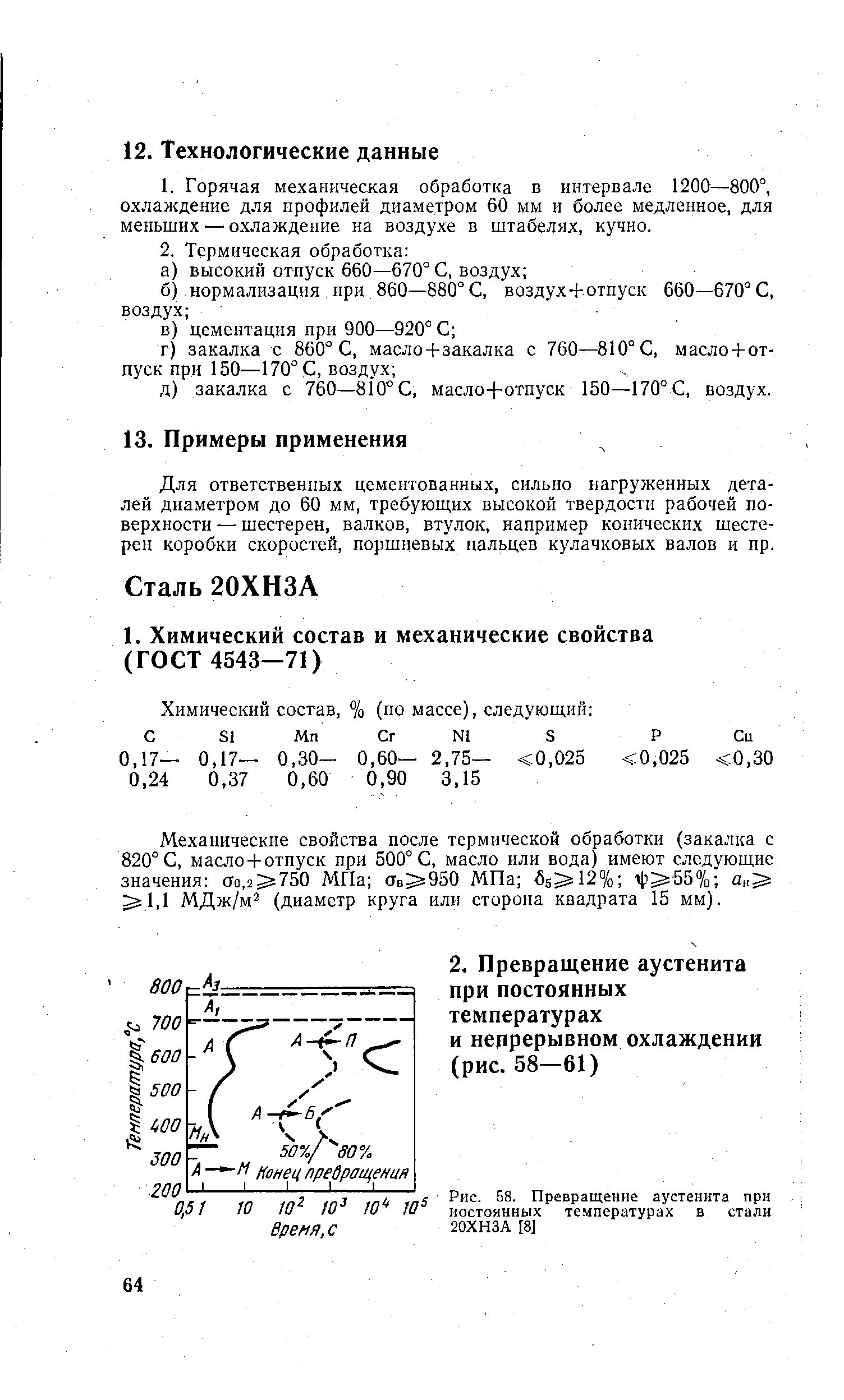 Механические свойства после термической обработки (закалка с 820° С, масло-Ьотпуск при 500° С, масло или вода) имеют следующие значения То,2 750 МПа Ств 950 МПа 65 12% г1) 55% йя 1,1 МДж/м (диаметр круга или сторона квадрата 15 мм).
