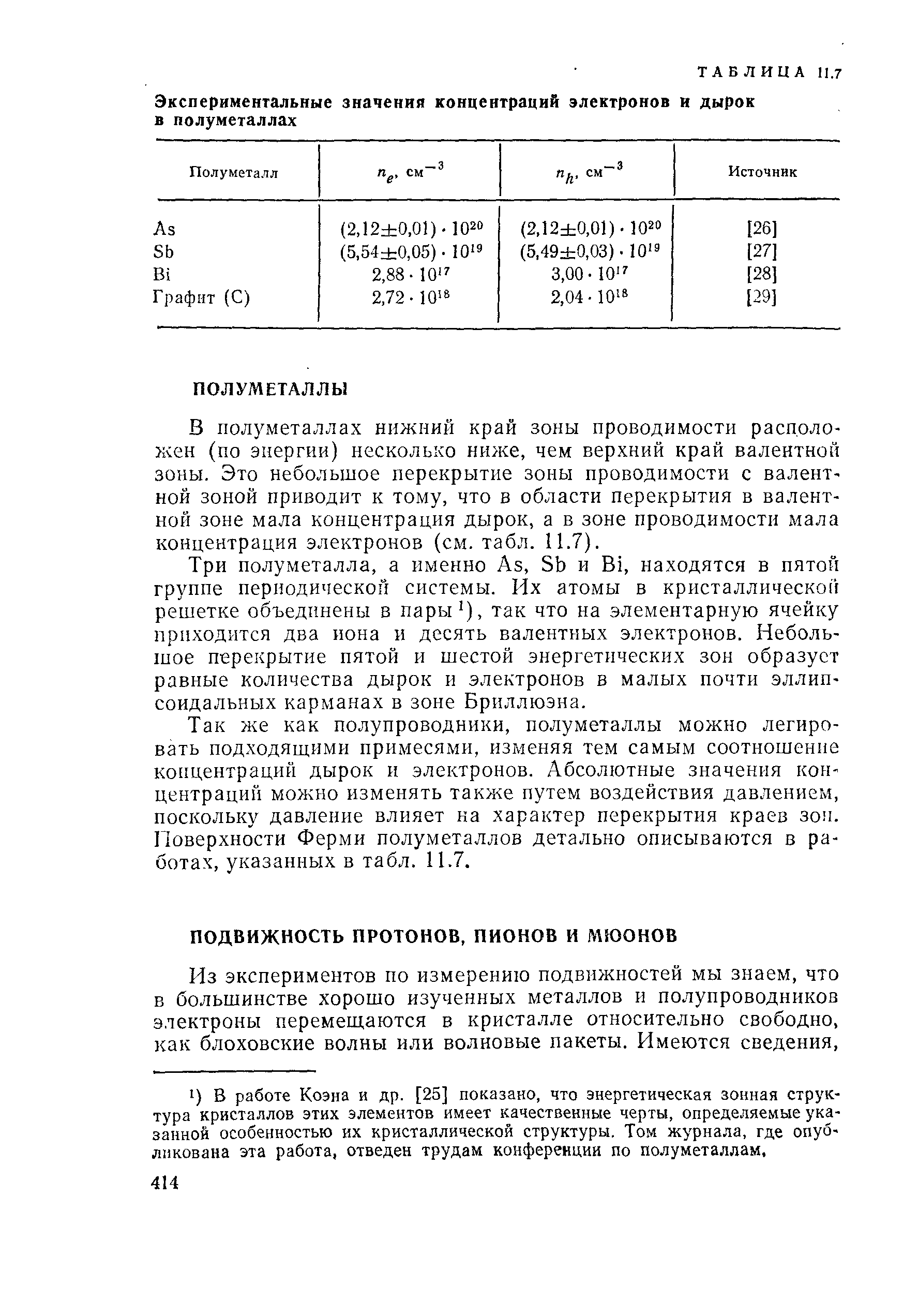 В полуметаллах нижний край зоны проводимости расдоло-жен (по энергии) несколько ниже, чем верхний край валентной зоны. Это небольшое перекрытие зоны проводимости с валентной зоной приводит к тому, что в области перекрытия в валентной зоне мала концентрация дырок, а в зоне проводимости мала концентрация электронов (см. табл. 11.7).
