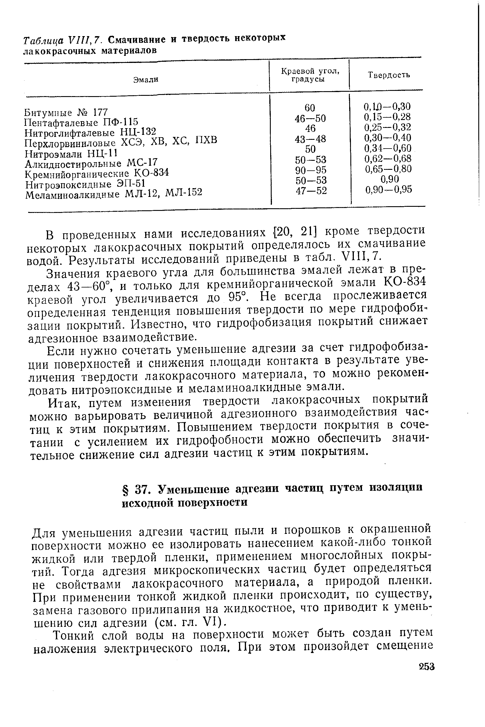 Для уменьшения адгезии частиц пыли и порошков к окрашенной поверхности можно ее изолировать нанесением какой-либо тонкой жидкой или твердой пленки, применением многослойных покрытий. Тогда адгезия микроскопических частиц будет определяться не свойствами лакокрасочного материала, а природой пленки. При применении тонкой жидкой пленки происходит, по существу, замена газового прилипания на жидкостное, что приводит к уменьшению сил адгезии (см. гл. VI).
