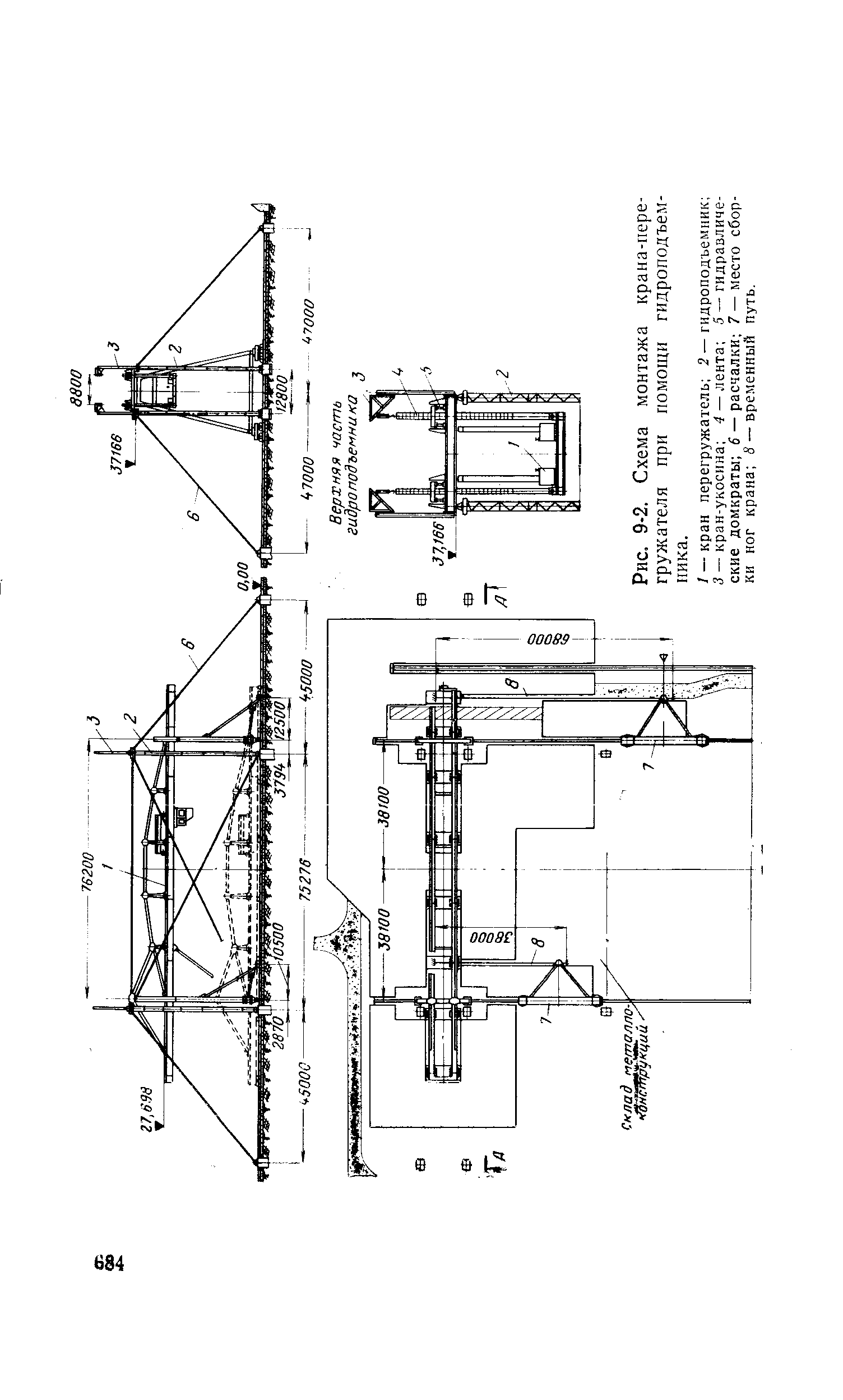 Рис. 9-2. <a href="/info/401621">Схема монтажа</a> <a href="/info/759431">крана-перегружателя</a> при помощи гидроподъемника.
