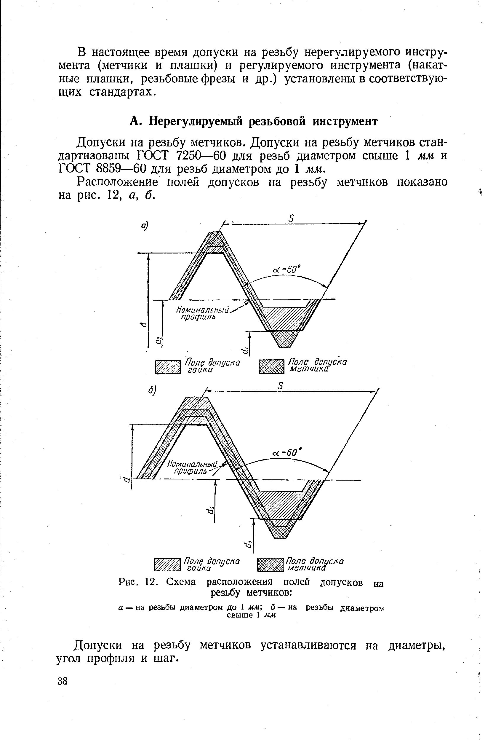 Допуски на резьбу метчиков. Допуски на резьбу метчиков стандартизованы ГОСТ 7250—60 для резьб диаметром свыше 1 мм и ГОСТ 8859—60 для резьб диаметром до 1 мм.
