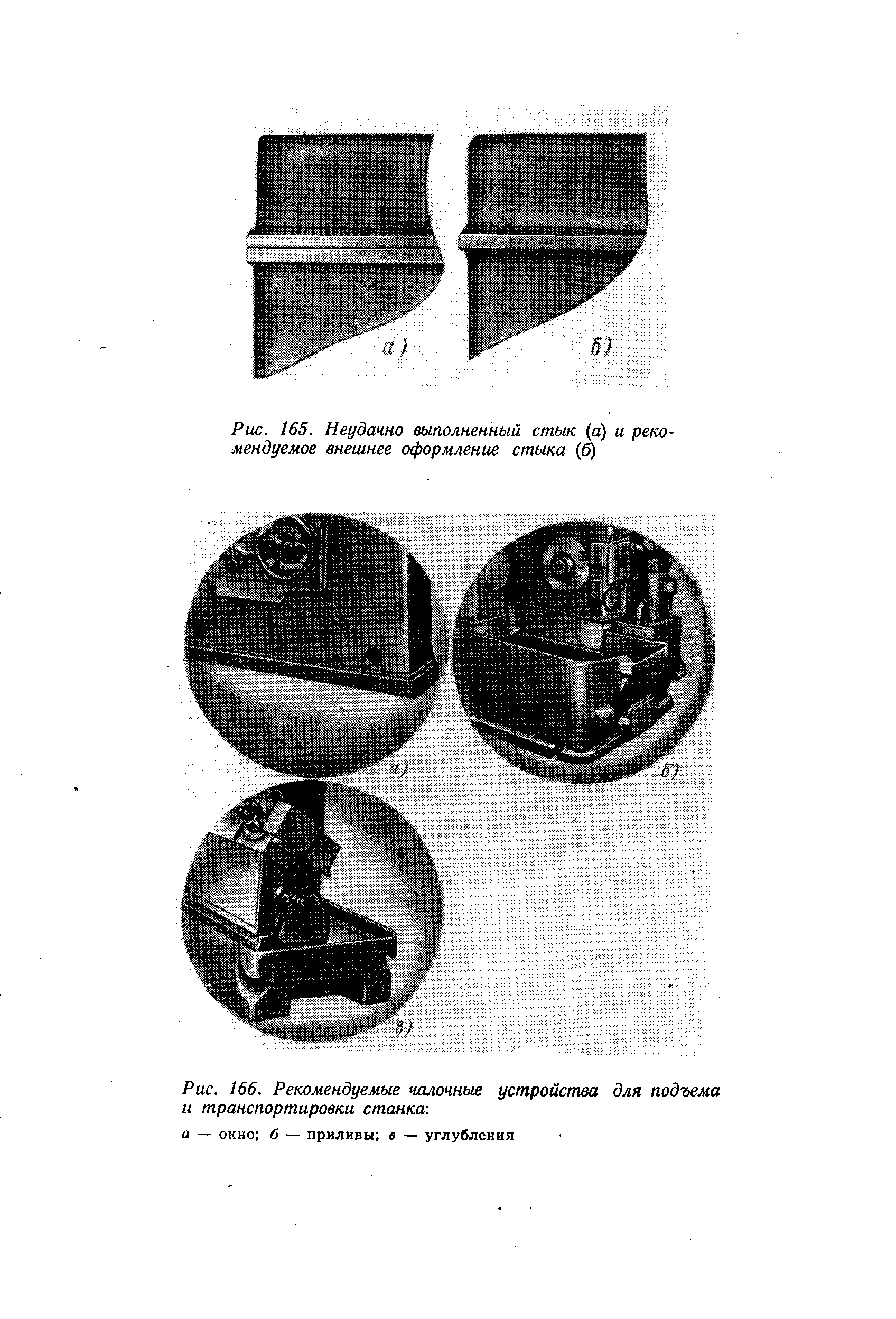 Рис. 166, Рекомендуемые чалочные устройства для подъема и транспортировки станка а — окно б — приливы в — углубления

