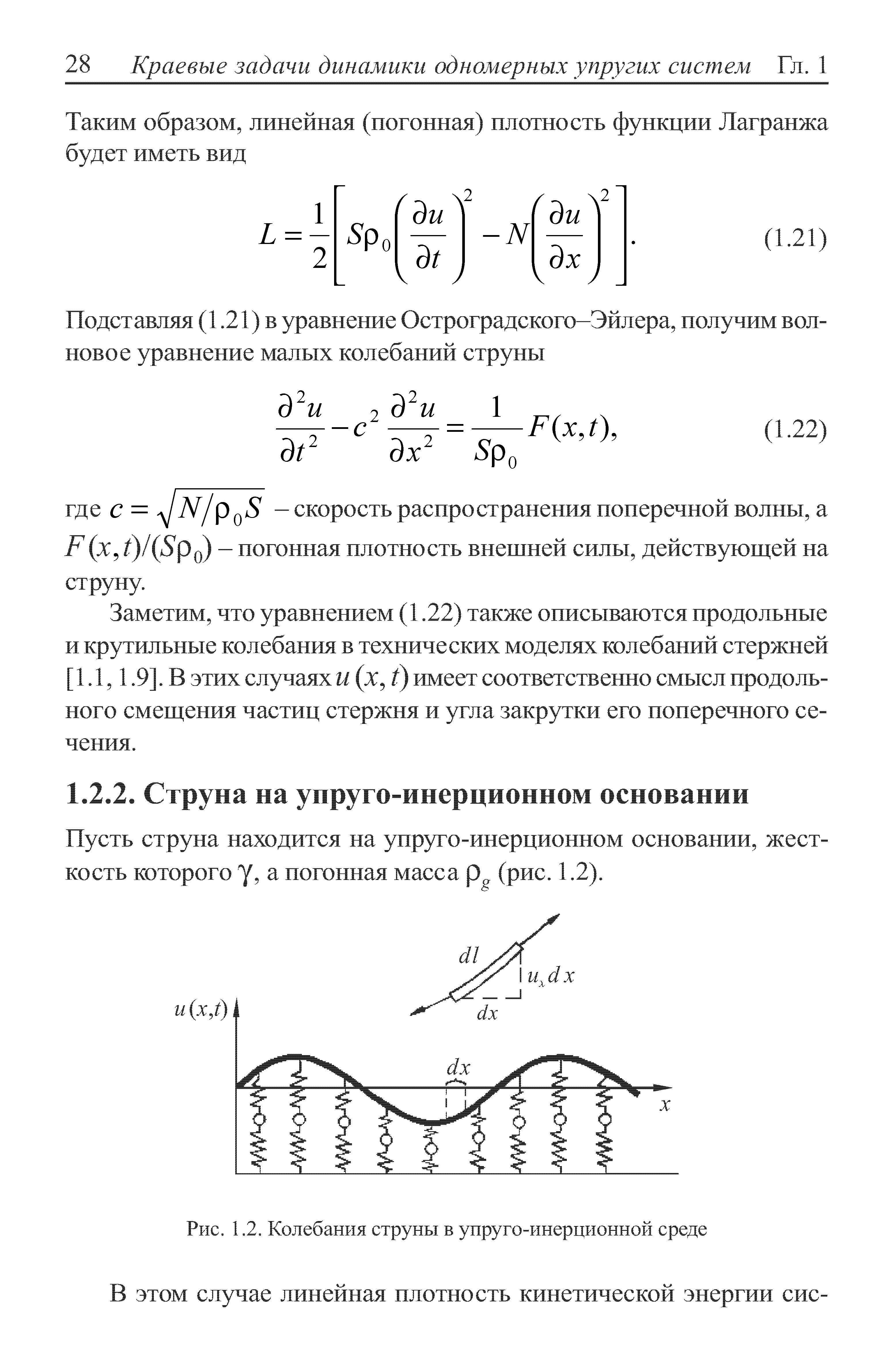 Пусть струна находится на упруго-инерционном основании, жесткость которого у, а погонная масса (рис. 1.2).
