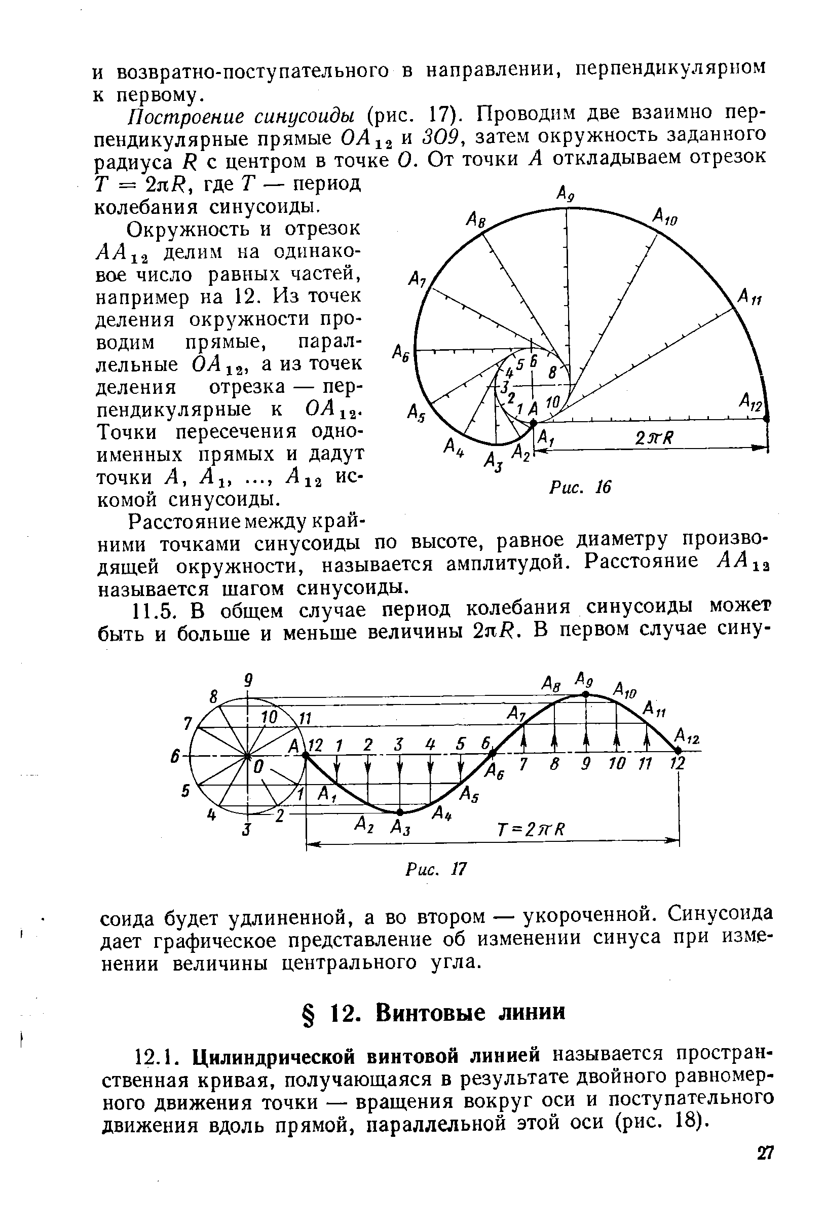 Окружность и отрезок А А12 делим на одинаковое число равных частей, например на 12. Из точек деления окружности проводим прямые, параллельные ОЛ12, а из точек деления отрезка — перпендикулярные к ОА12-Точки пересечения одноименных прямых и дадут точки А, Ai,. .., Л12 искомой синусоиды.
