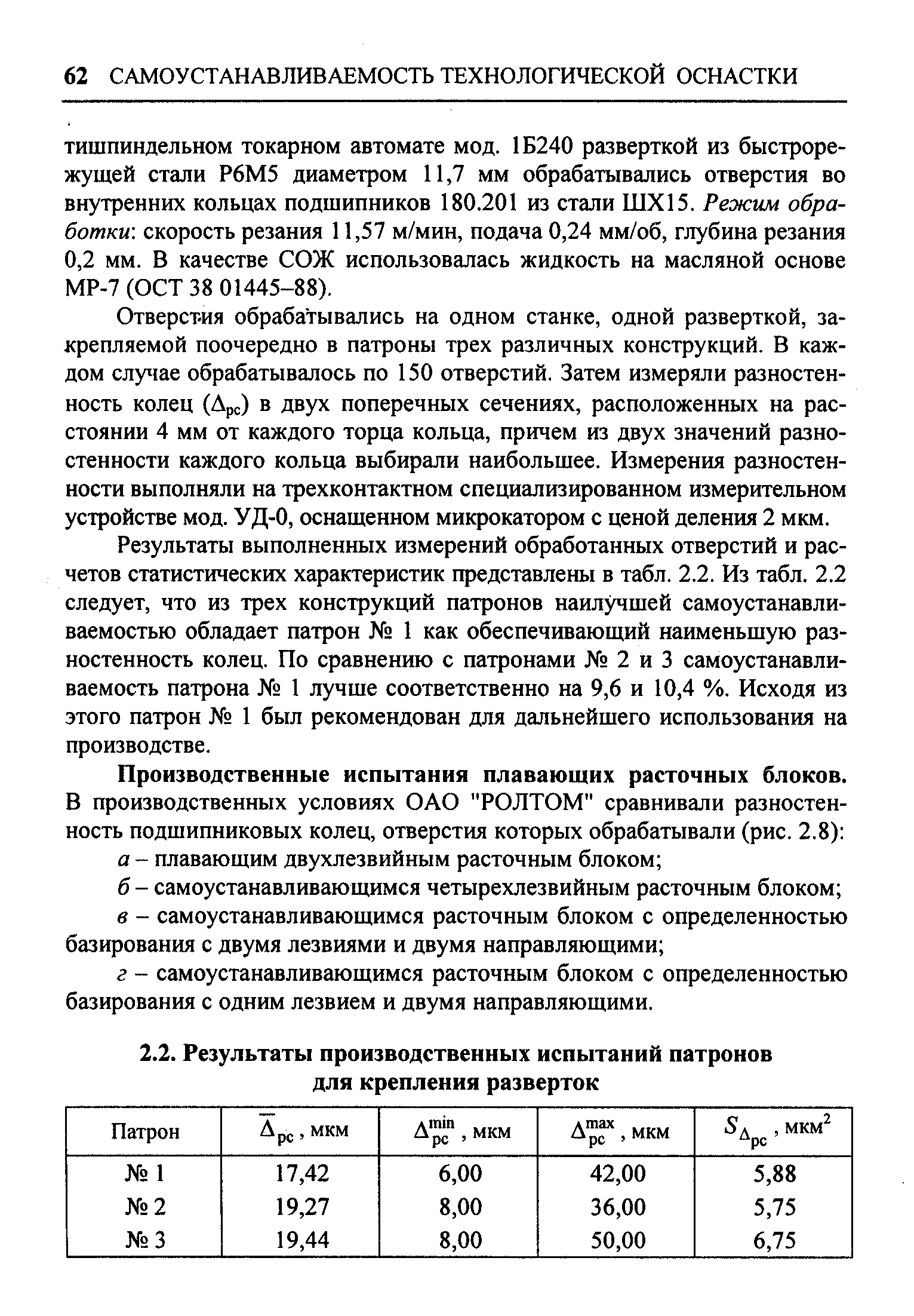 Отверстия обрабатывались на одном станке, одной разверткой, закрепляемой поочередно в патроны трех различных конструкций. В каждом случае обрабатывалось по 150 отверстий. Затем измеряли разностен-ность колец (Арс) в двух поперечных сечениях, расположенных на расстоянии 4 мм от каждого торца кольца, причем из двух значений разностенности каждого кольца выбирали наибольшее. Измерения разностенности выполняли на трехконтактном специализированном измерительном устройстве мод. УД-0, оснащенном микрокатором с ценой деления 2 мкм.
