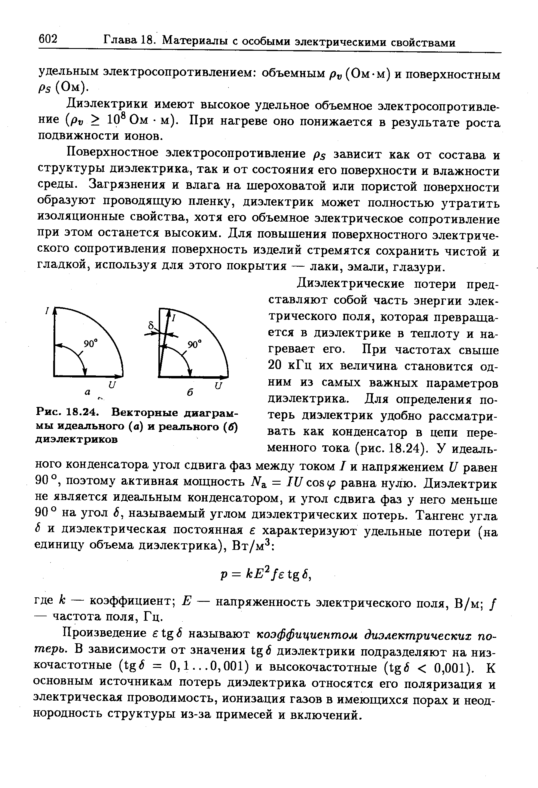 Рис. 18.24. <a href="/info/19381">Векторные диаграммы</a> идеального (а) и реального (б) диэлектриков
