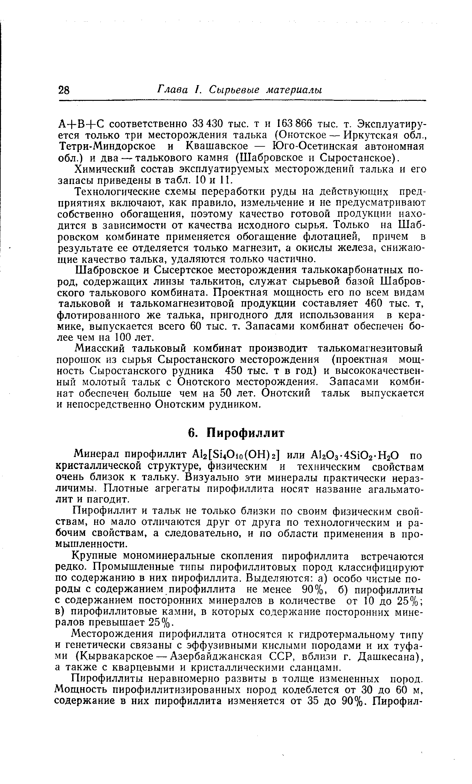 Минерал пирофиллит Al2[SI40io(OH)2] или АЬОз-45102-НгО по кристаллической структуре, физическим и техническим свойствам очень близок к тальку. Визуально эти минералы практически неразличимы. Плотные агрегаты пирофиллита носят название агальматолит и пагодит.
