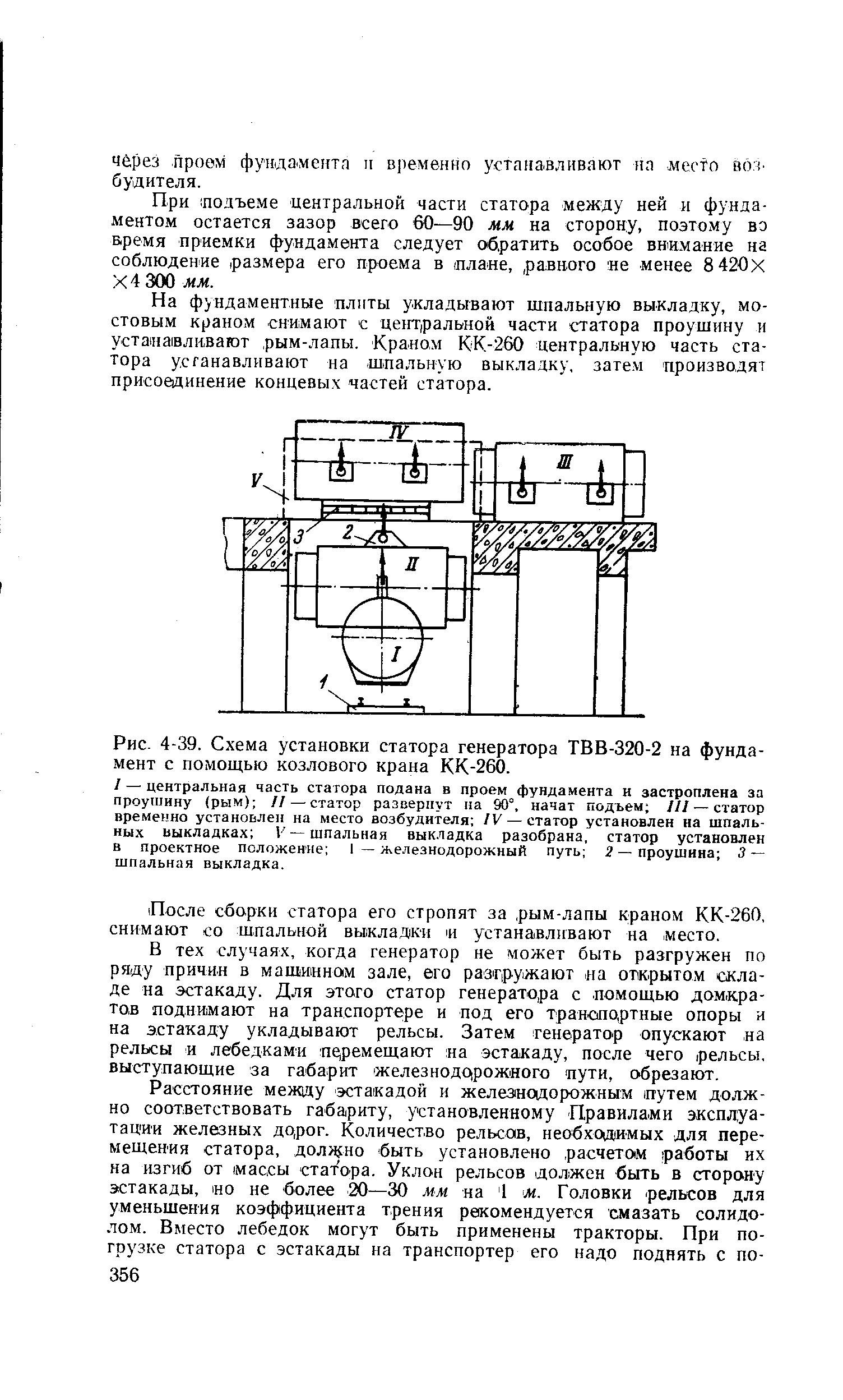Рис. 4-39. Схема <a href="/info/505801">установки статора генератора</a> ТВВ-320-2 на фундамент с помощью козлового крана КК-260.
