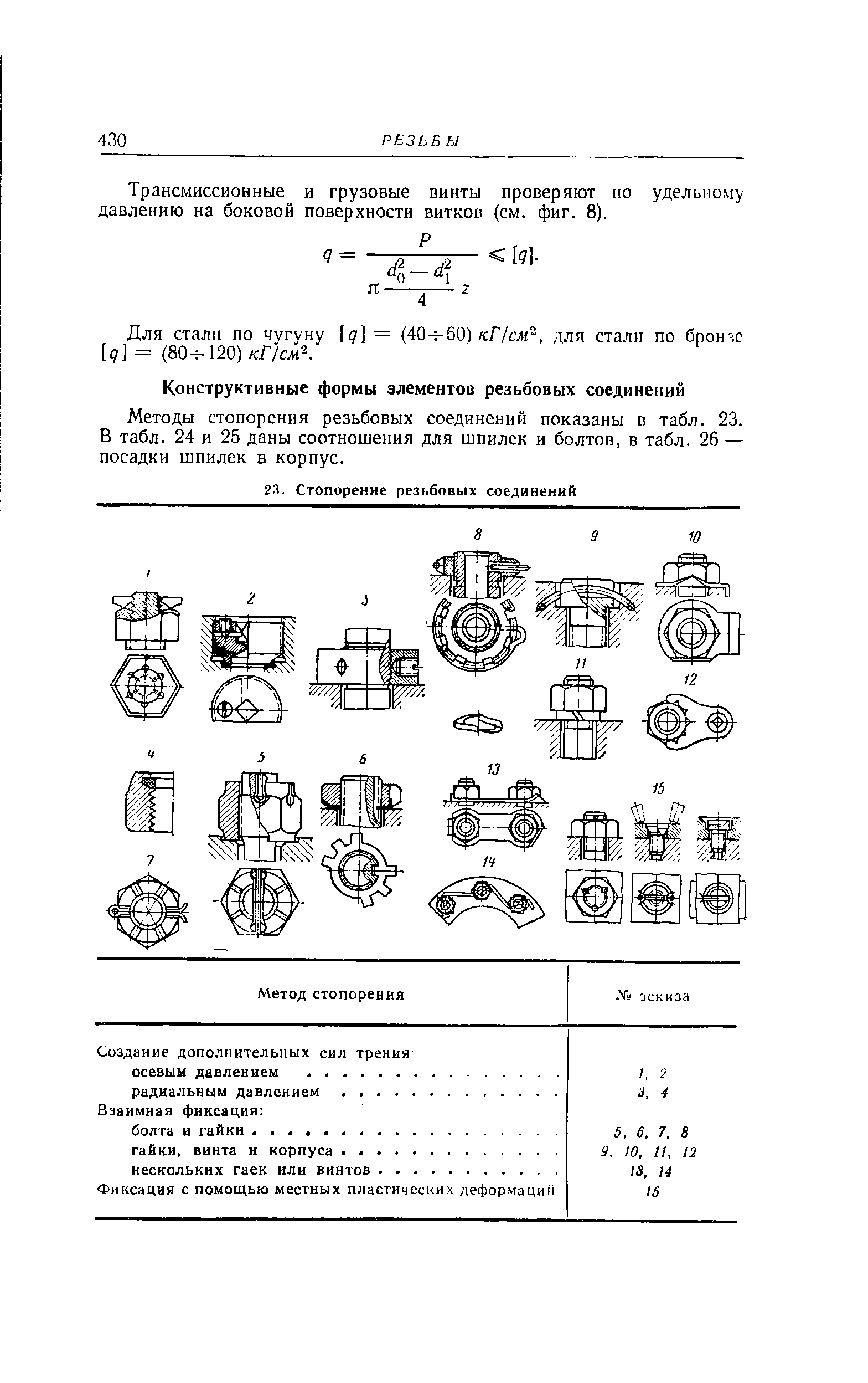 Методы стопорения резьбовых соединений показаны в табл. 23. В табл. 24 и 25 даны соотношения для шпилек и болтов, в табл. 26 — посадки шпилек в корпус.
