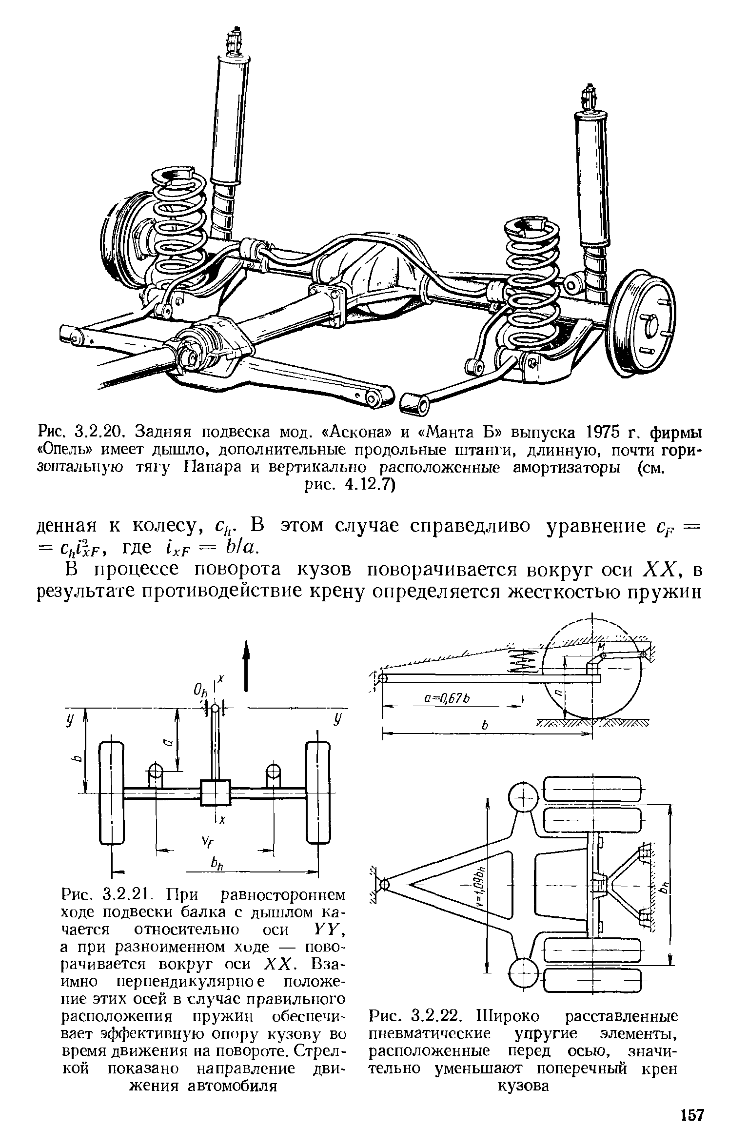 Задняя подвеска мод. Аскона и Манта Б выпуска 1975 г. фирмы Опель имеет дышло, дополнительные продольные штанги, длинную, почти горизонтальную тягу Панара и вертикально расположенные амортизаторы (см.
