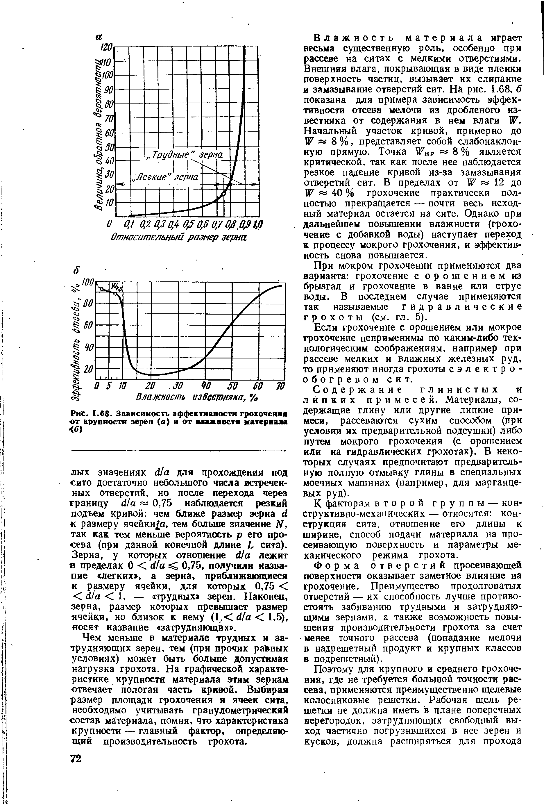 Чем меньше в материале трудных и затрудняющих зерен, тем (при прочих равных условиях) может быть больше допустимая нагрузка грохота. На графической характеристике крупности материала этим зернам отвечает пологая часть кривой. Выбирая размер площади грохочения и ячеек сита, необходимо учитывать гранулометрическяй состав материала, помня, что характеристика крупности — главный фактор, определяющий производительность грохота.
