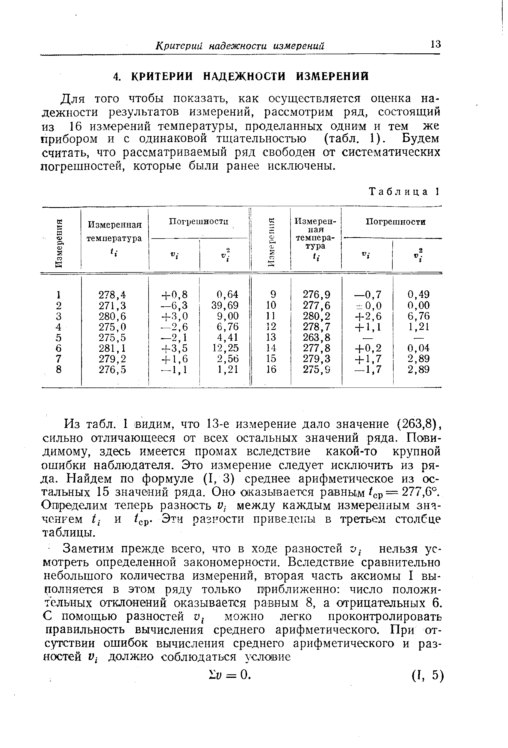 Для того чтобы показать, как осуществляется оценка надежности результатов измерений, рассмотрим ряд, состоящий из 16 измерений температуры, проделанных одним и тем же прибором и с одинаковой тщательностью (табл. 1). Будем считать, что рассматриваемый ряд свободен от систематических погрешностей, которые были ранее исключены.
