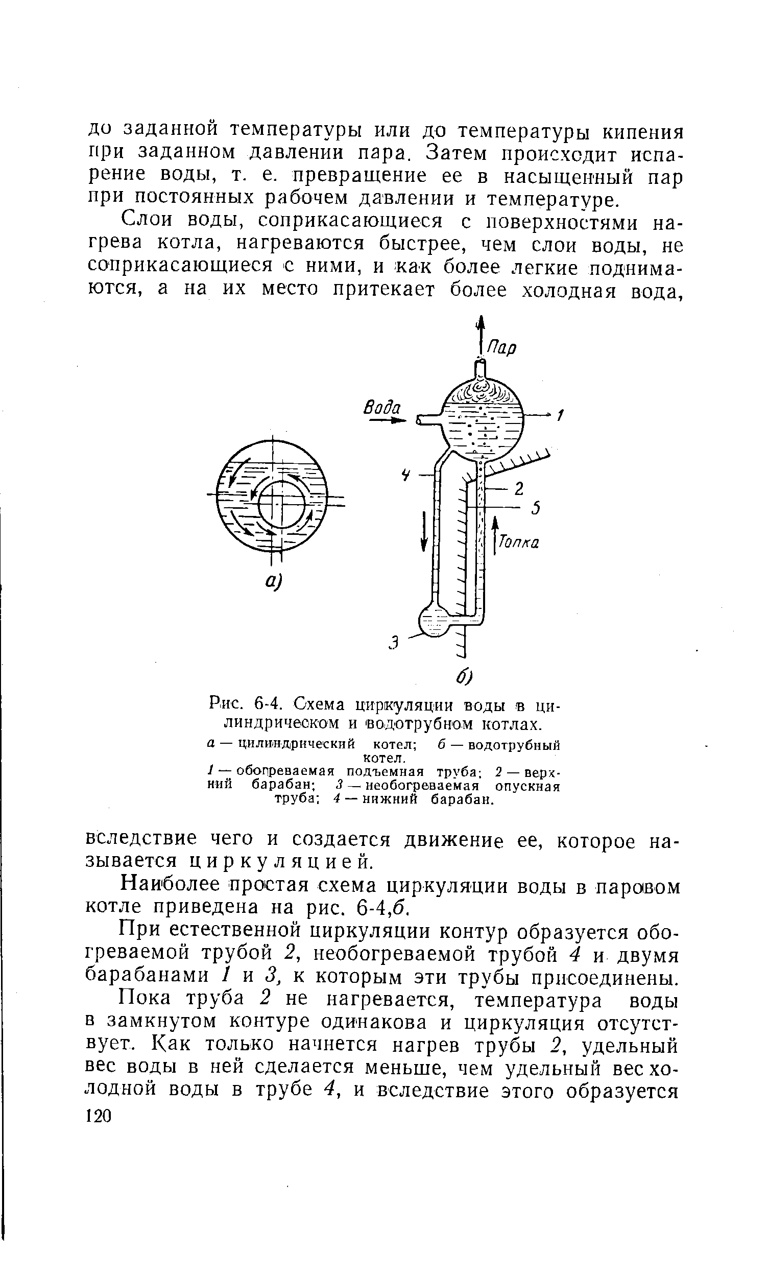 Рис. 6-4. Схема циркуляции воды в цилиндрическом и водотрубном котлах.
