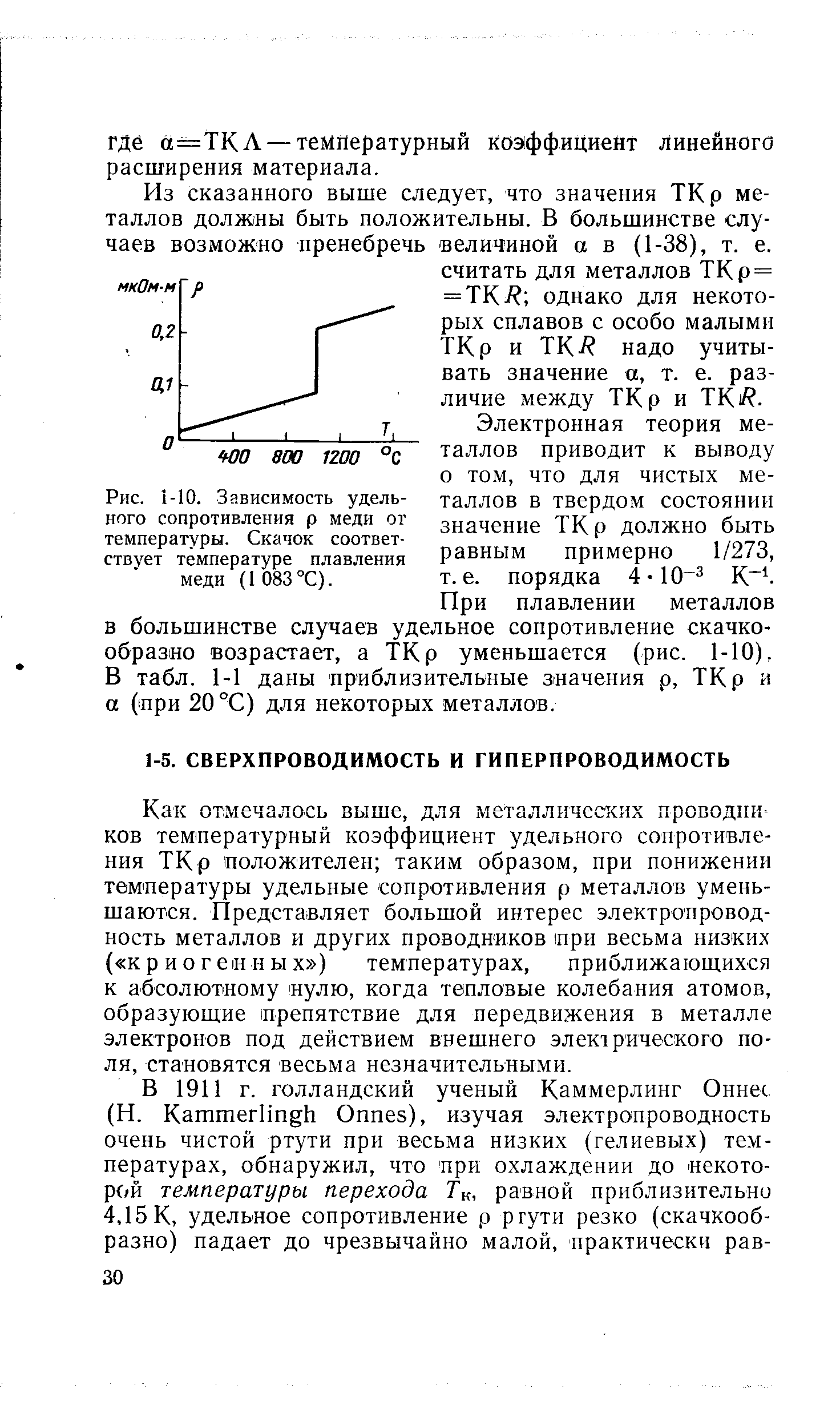 Как отмечалось выше, для металлических проводников тем пературный коэффициент удельного сопротивления ТКр положителен таким образом, при понижении температуры удельные сопротивления р металлов уменьшаются. Представляет большой интерес электропроводность металлов и других проводников три весьма низких ( к р и о г е н н ы X ) температурах, приближающихся к абсолютному нулю, когда тепловые колебания атомов, образующие препятствие для передвижения в металле электронов под действием внешнего электрического поля, становятся весьма незначительными.
