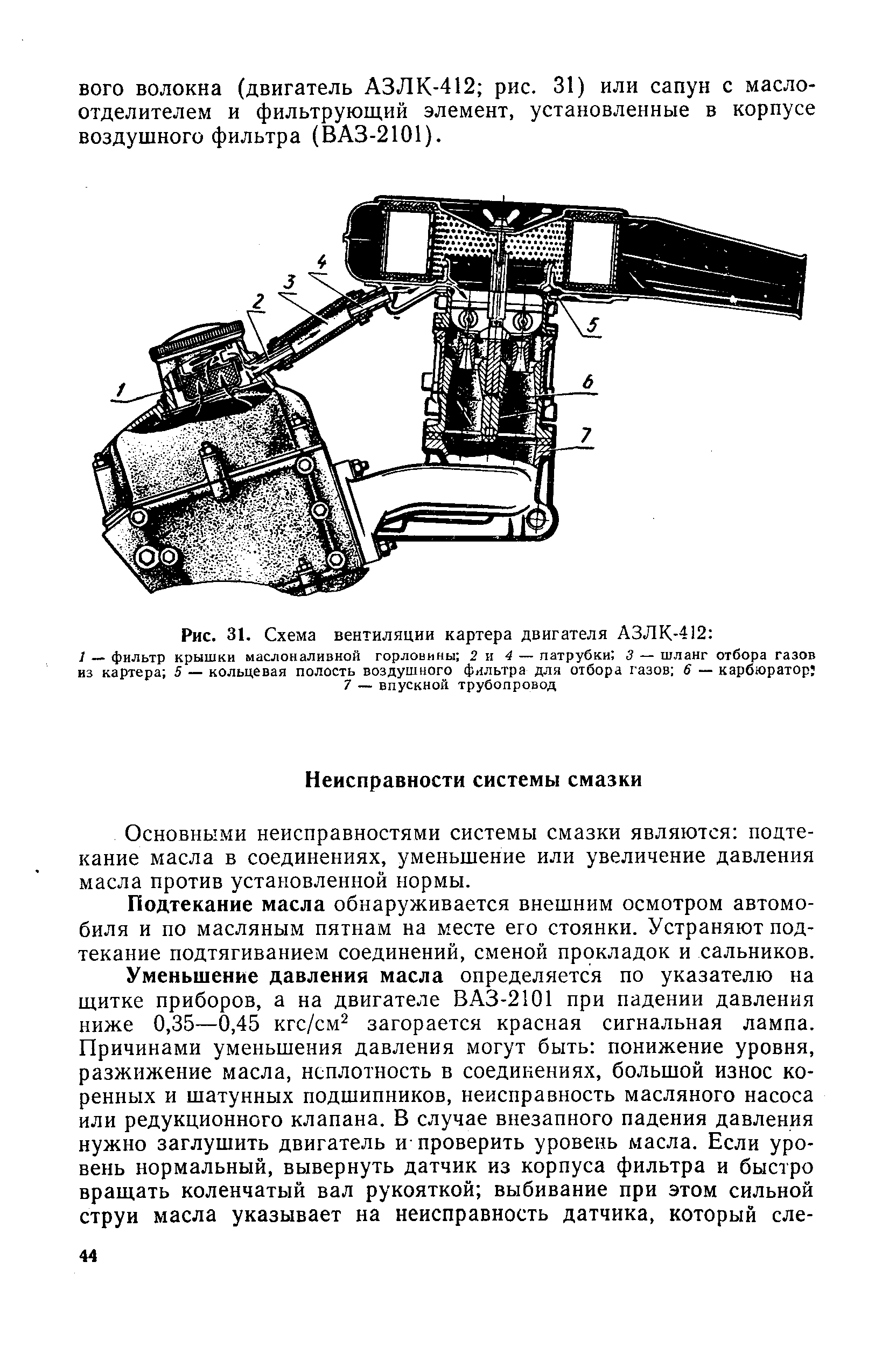 Рис. 31. Схема вентиляции картера двигателя АЗЛК-412 
