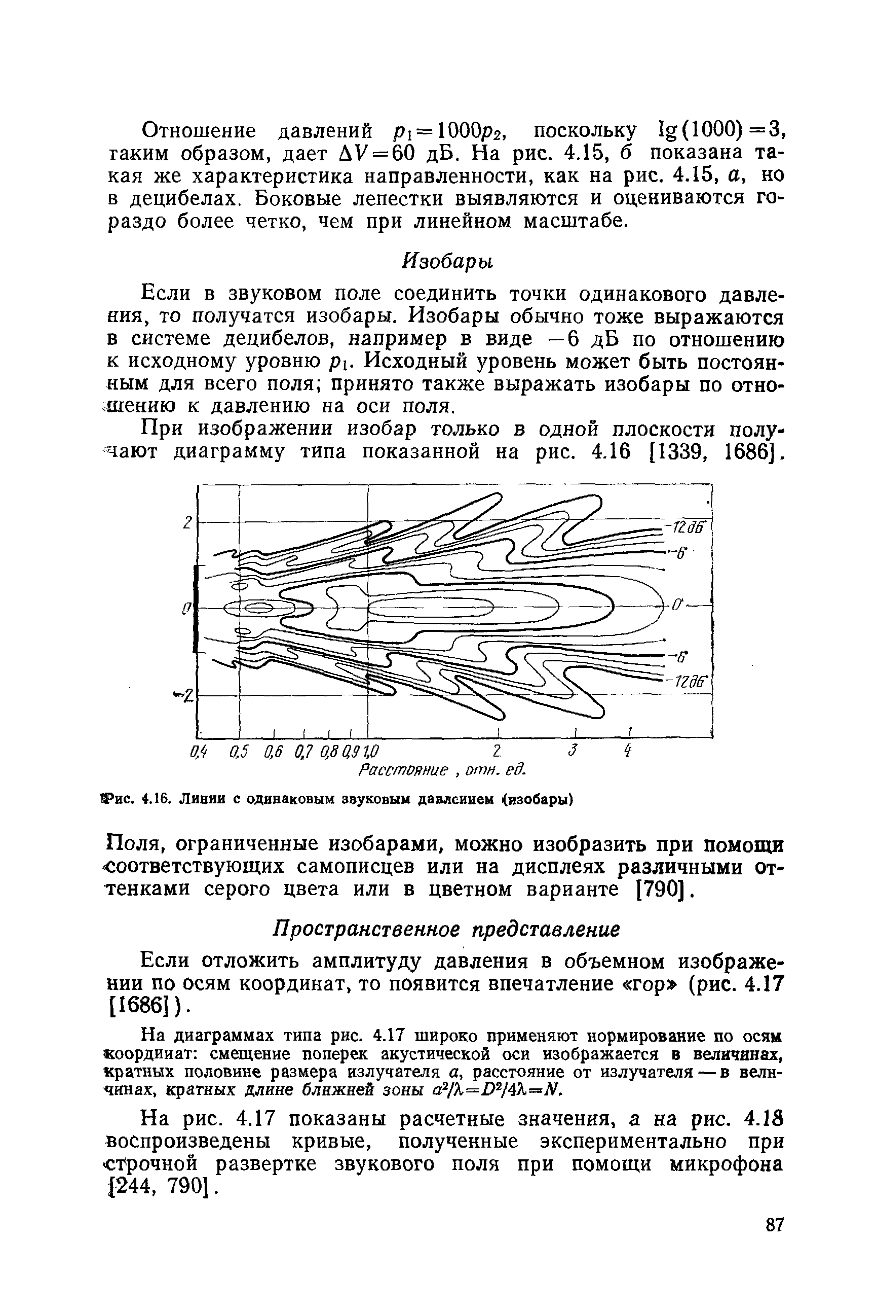 Отношение давлений р1 = 1000р2, поскольку 1д(1000)=3, таким образом, дает ЛУ = 60 дБ. На рис. 4.15, б показана такая же характеристика направленности, как на рис. 4.15, с, но в децибелах. Боковые лепестки выявляются и оцениваются гораздо более четко, чем при линейном масштабе.
