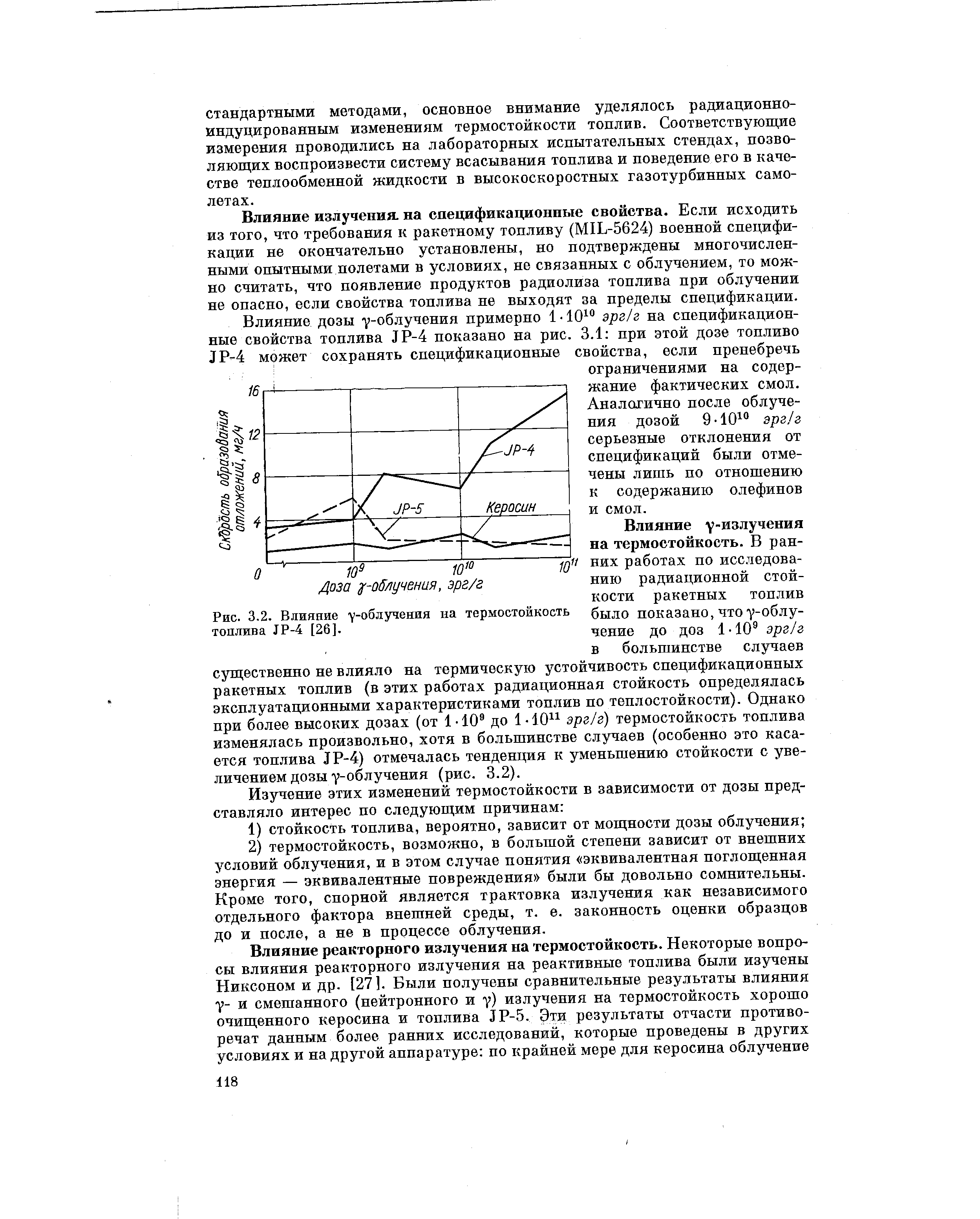 Влияние излучения, на спецификационные свойства. Если исходить из того, что требования к ракетному топливу (MIL-5624) военной спецификации не окончательно установлены, но подтверждены многочисленными опытными полетами в условиях, не связанных с облучением, то можно считать, что появление продуктов радиолиза топлива при облучении не опасно, если свойства топлива не выходят за пределы спецификации.
