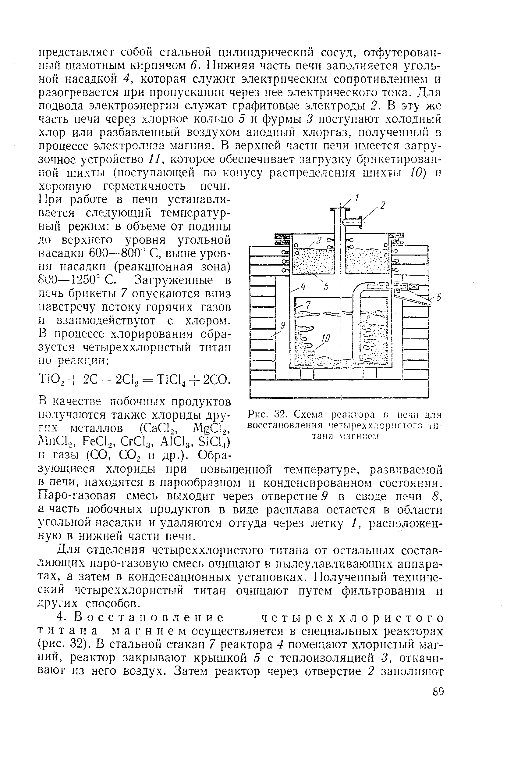 Рис. 32. Схема реактора в печи для восстановления четыреххлористого тп-тана маглие.м

