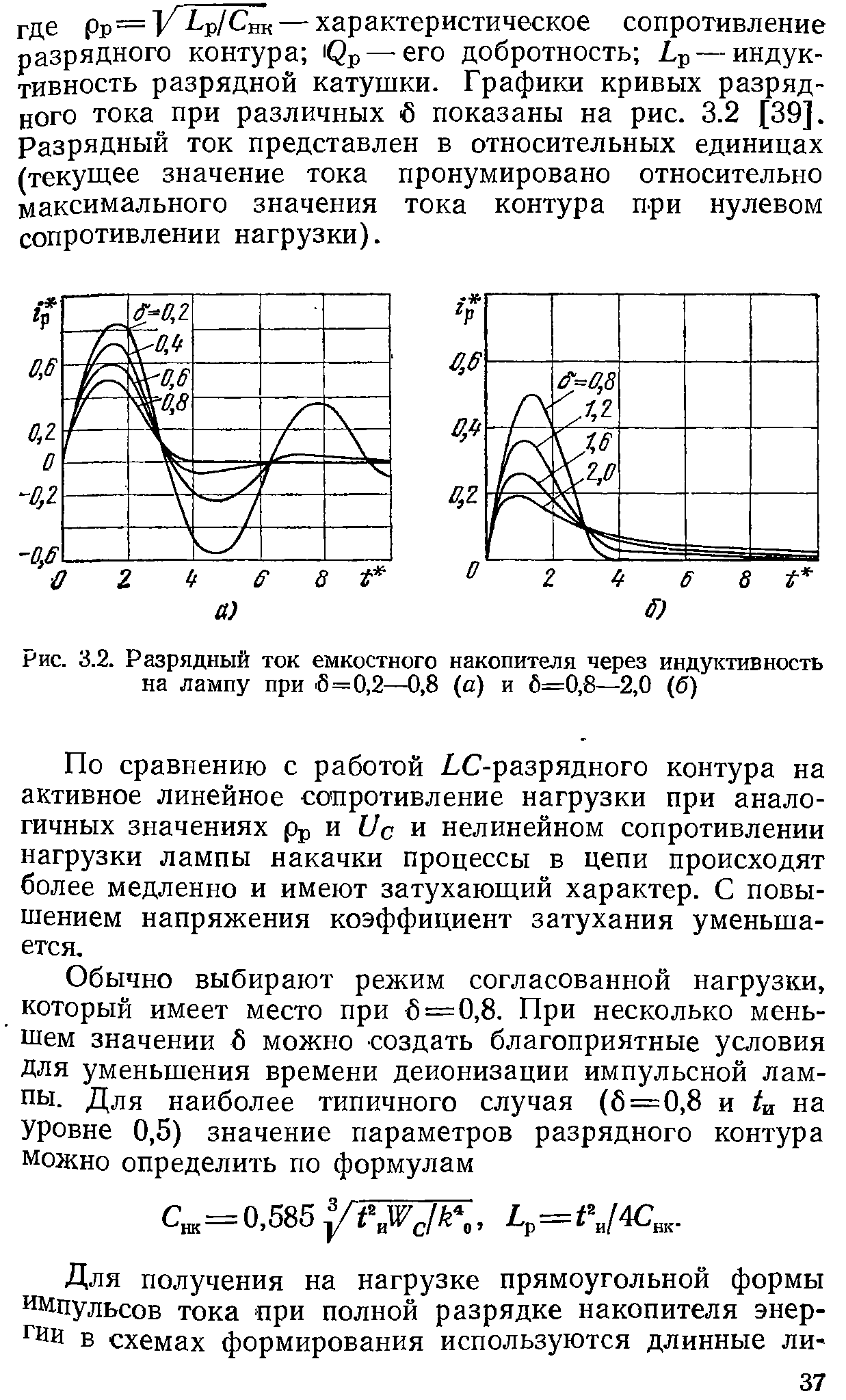 Рис. 3.2. Разрядный ток емкостного накопителя через индуктивность на лампу при 6=0,2—0,8 (а) и 6=0,8—2,0 (б)
