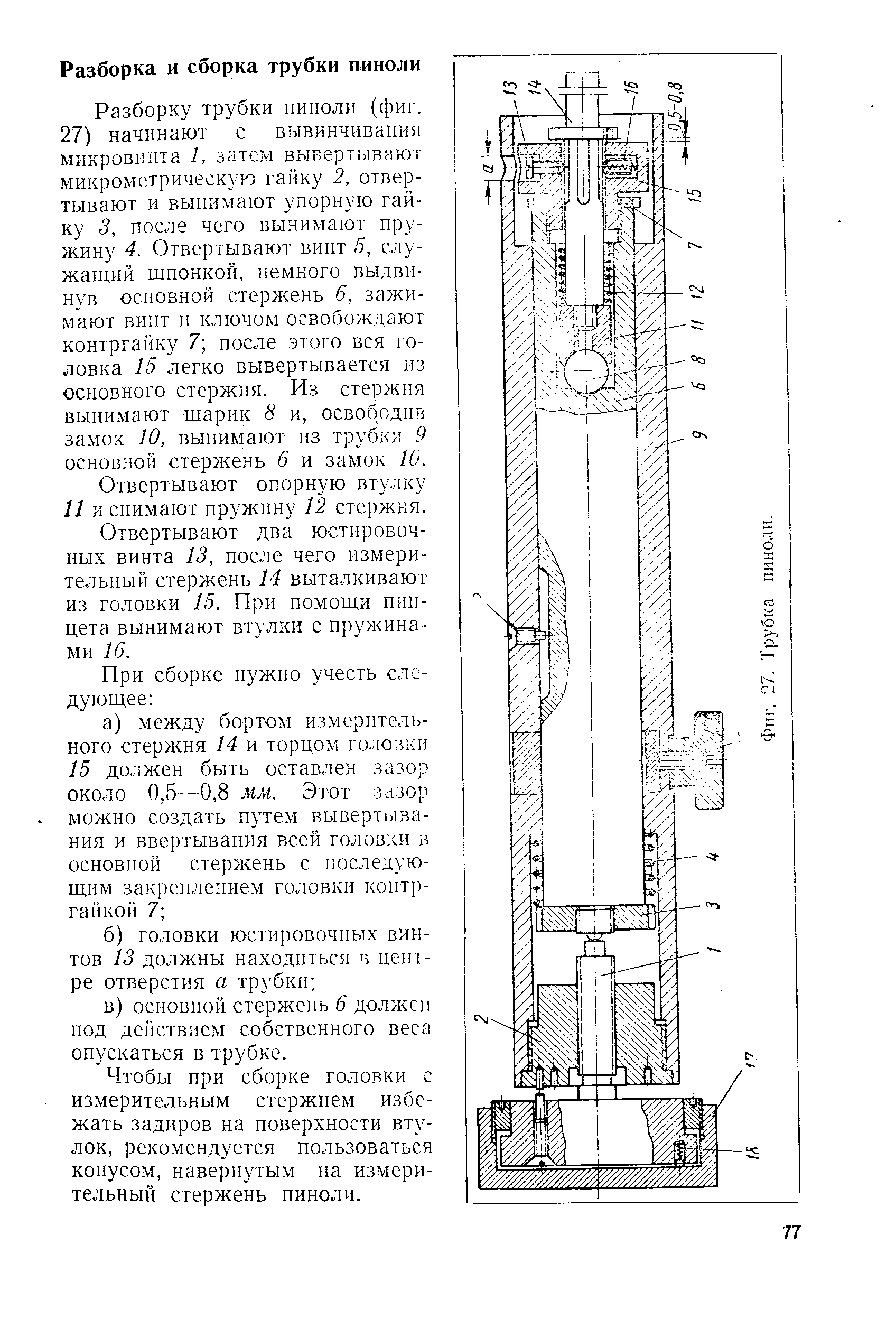 Разборку трубки пиноли (фиг. 27) начинают с вывинчивания микровинта 1, затем вывертывают микрометрическую гайку 2, отвертывают и ввшимают упорную гайку 3, после чего вынимают пружину 4. Отвертывают винт 5, служащий шпонкой, немного выдвинув основной стерженБ 6, зажимают винт и ключом освобождают контргайку 7 после этого вся головка 15 легко вывертывается из основного стержня. Из стержня вынимают шарик 8 и, освободив замок 10, вынимают из трубки 9 основной стержень 6 и замок 10.
