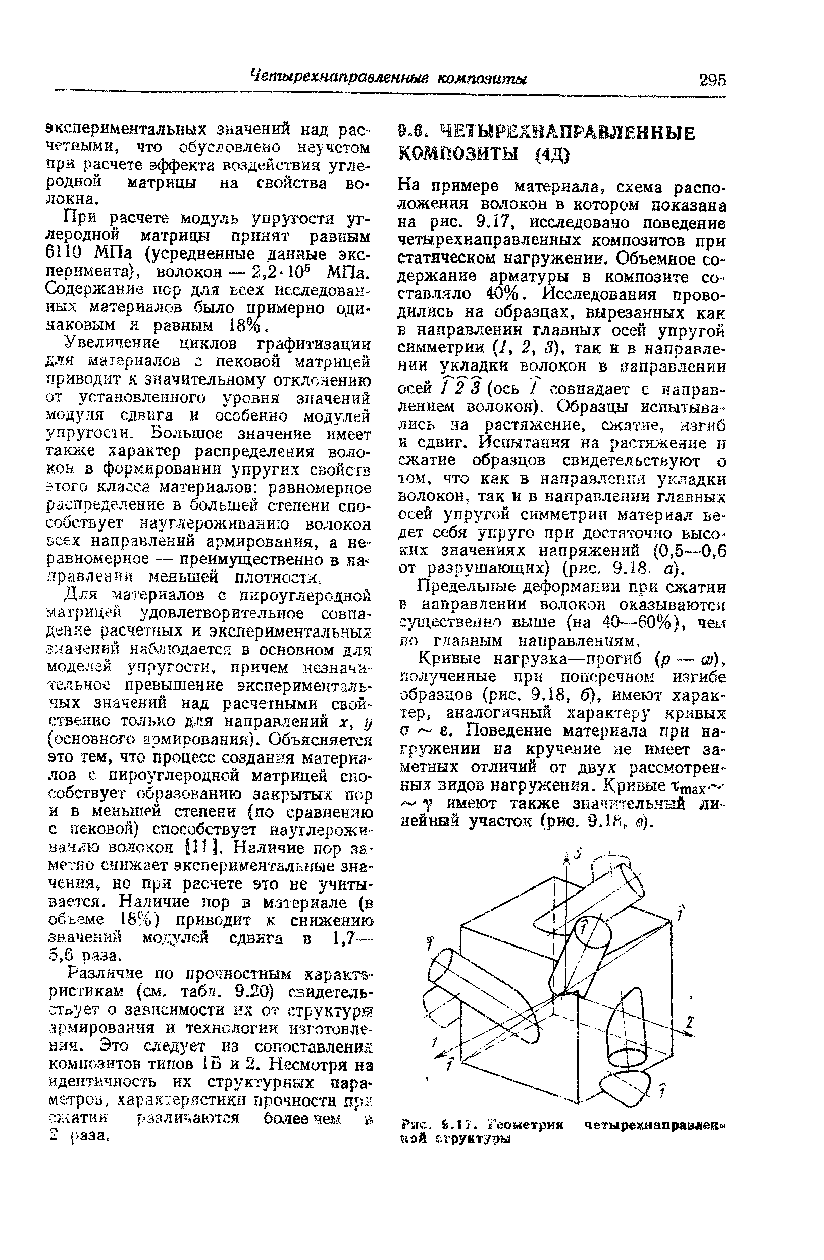 На примере материала, схема расположения волокон в котором показана на рис. 9.17, исследовано поведение четырехнаправленных композитов при статическом нагружении. Объемное содержание арматуры в композите со-ставл.яло 40%. Исследования проводились на образцах, вырезанных как в направлении главных осей упругой симметрии 1, 2, 3), так и в направлении укладки волокон в направлении осей 12 3 (ось 1 совпадает с направлением волокон). Образцы испытывались на растяжение, сжатие, изгиб и сдвиг. Испытания на растяжение и сжатие образцов свидетельствуют о ЮМ, что как в направлении укладки волокон, так и в направлении главных осей упругой симметрии материа.ч ведет себя упруго при достаточно высоких значениях напряжений (0,5—0,6 от разрушающих) (рис. 9.18, а).
