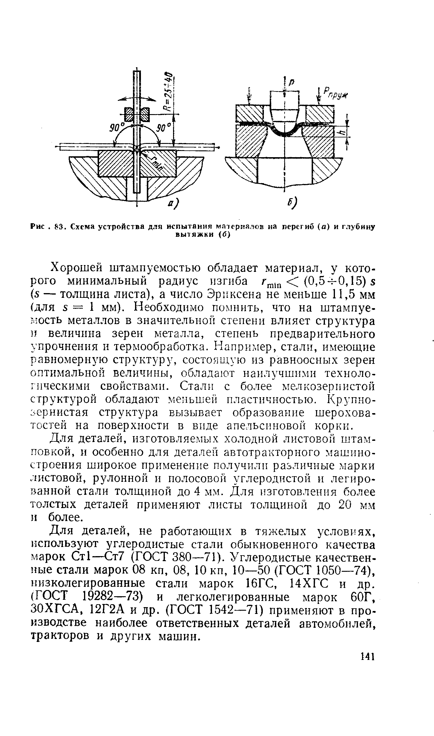 Рис. 83. Схема устройства для испытания материалов на перегиб (а) и глубину
