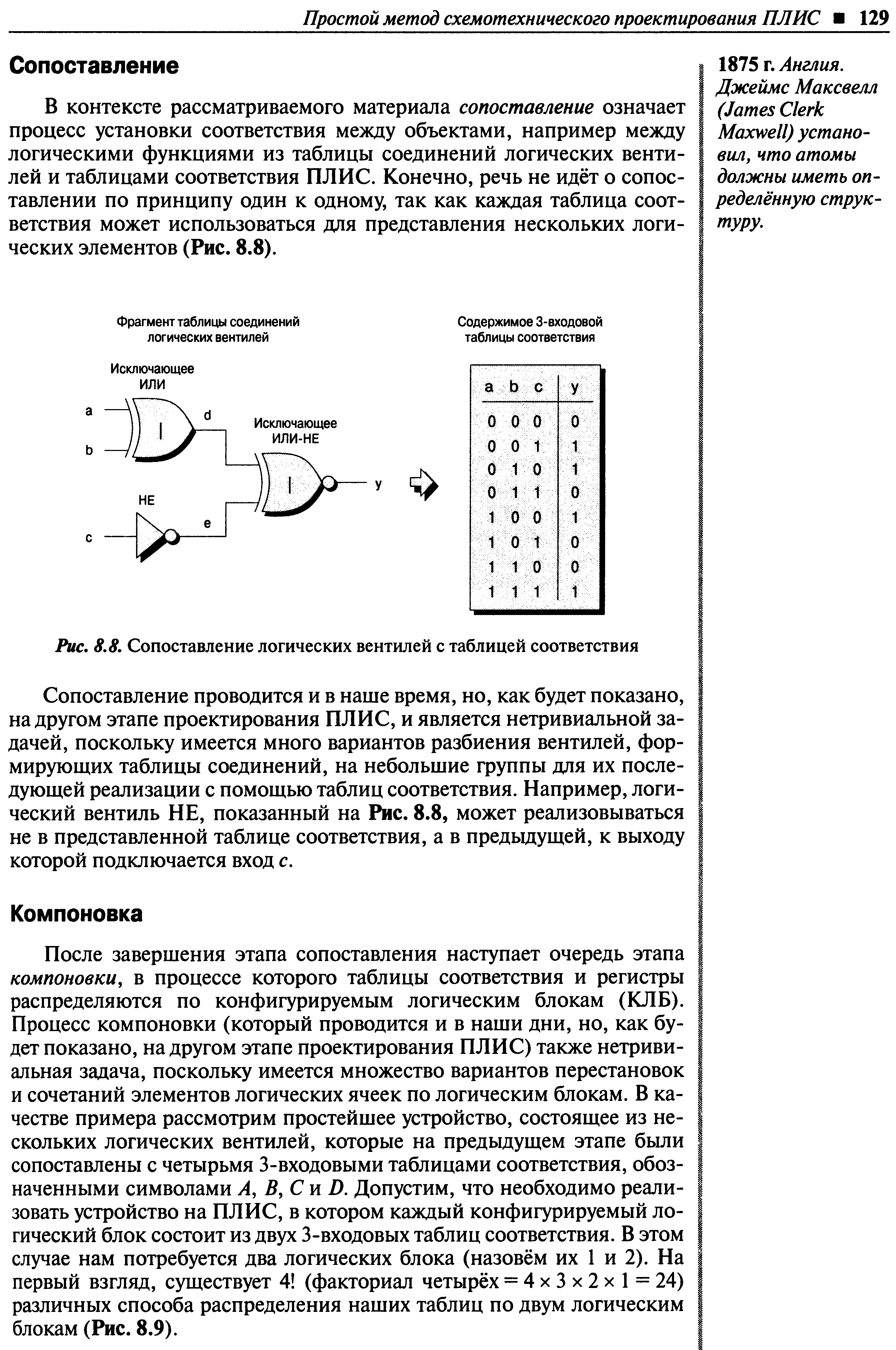 В контексте рассматриваемого материала сопоставление означает процесс установки соответствия между объектами, например между логическими функциями из таблицы соединений логических вентилей и таблицами соответствия ПЛИС. Конечно, речь не идёт о сопоставлении по принципу один к одному, так как каждая таблица соответствия может использоваться для представления нескольких логических элементов (Рис. 8.8).

