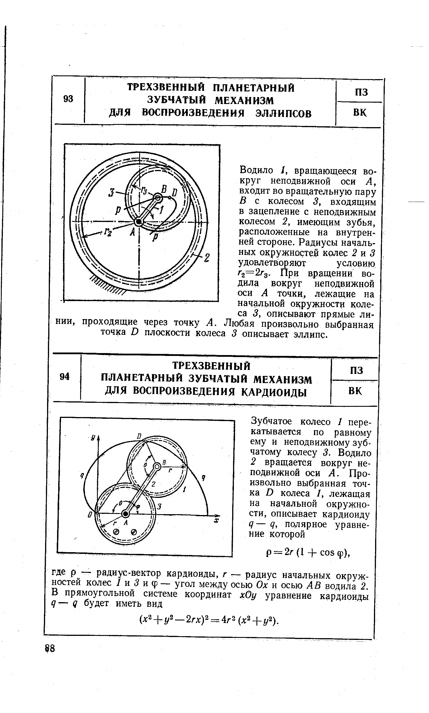 Водило 1, вращающееся вокруг неподвижной оси А, входит во вращательную пару В с колесом 3, входящим в зацепление с неподвижным колесом 2, имеющим зубья, расположенные на внутренней стороне. Радиусы начальных окружностей колес 2 и 3 удовлетворяют условию Г2=2гз- При вращении водила вокруг неподвижной оси А точки, лежащие на начальной окружности колеса 3, описывают прямые линии, проходящие через точку А. Любая произвольно выбранная точка D плоскости колеса 3 описывает эллипс.
