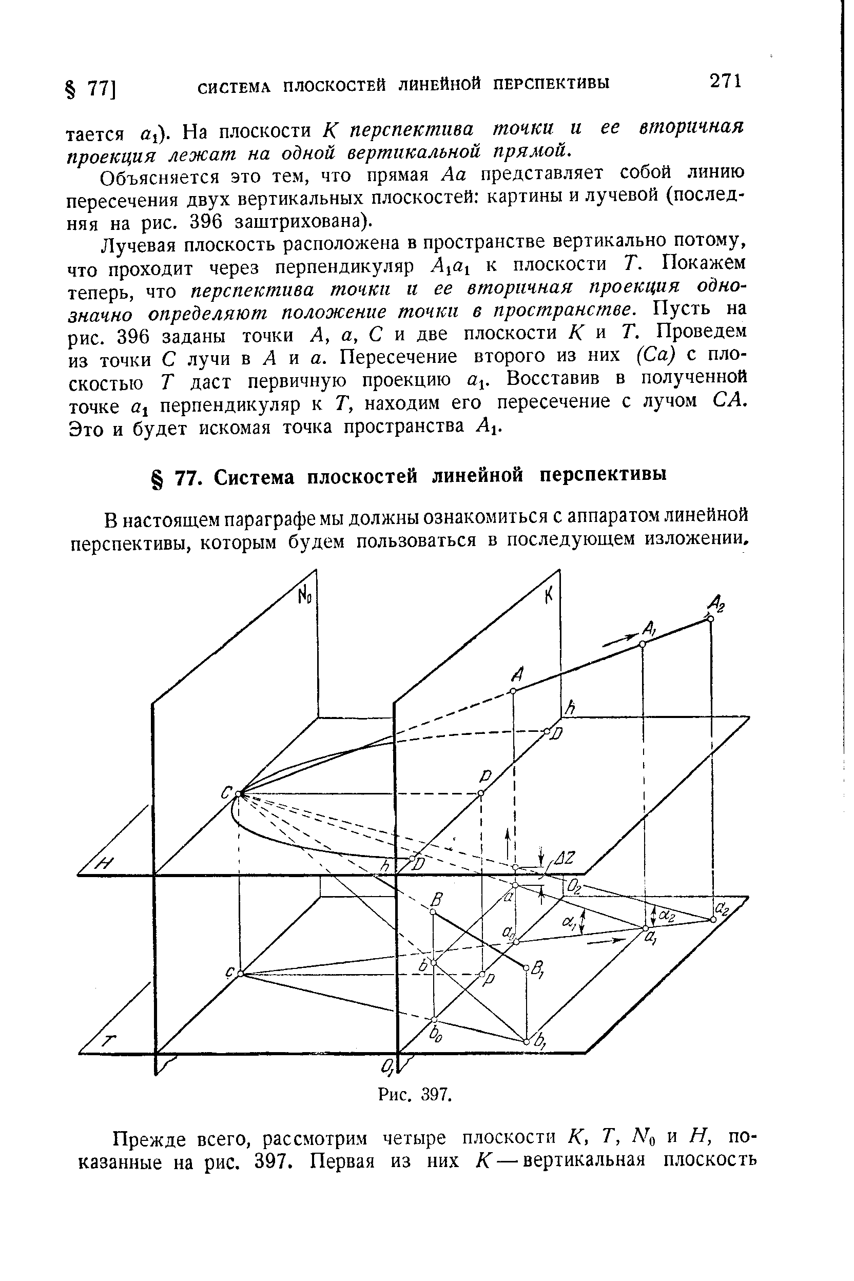 Объясняется это тем, что прямая Аа представляет собой линию пересечения двух вертикальных плоскостей картины и лучевой (последняя на рис. 396 заштрихована).
