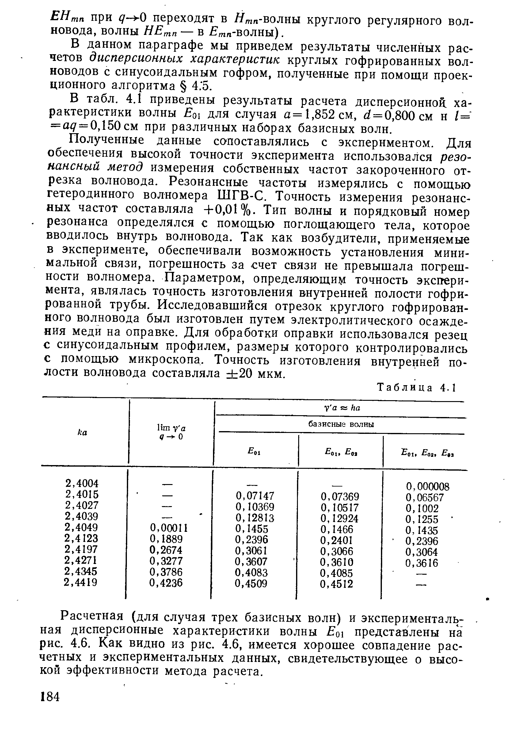 Полученные данные сопоставлялись с экспериментом. Для обеспечения высокой точности эксперимента использовался резонансный метод измерения собственных частот закороченного отрезка волновода. Резонансные частоты измерялись с помощью гетеродинного волномера ШГВ-С. Точность измерения резонансных частот составляла +0,01%. Тип волны и порядковый номер резонанса определялся с помощью поглощающего тела, которое вводилось внутрь волновода. Так как возбудители, применяемые в эксперименте, обеспечивали возможность установления минимальной связи, погрешность за счет связи не превышала погрешности волномера. Параметром, определяющий точность эксперимента, являлась точность изготовления внутренней полости гофрированной трубы. Исследовавшийся отрезок круглого гофрированного волновода был изготовлен путем электролитического осаждения меди на оправке. Для обработки оправки использовался резец с синусоидальным профилем, размеры которого контролировались с помощью микроскопа. Точность изготовления внутренней полости волновода составляла 20 мкм.
