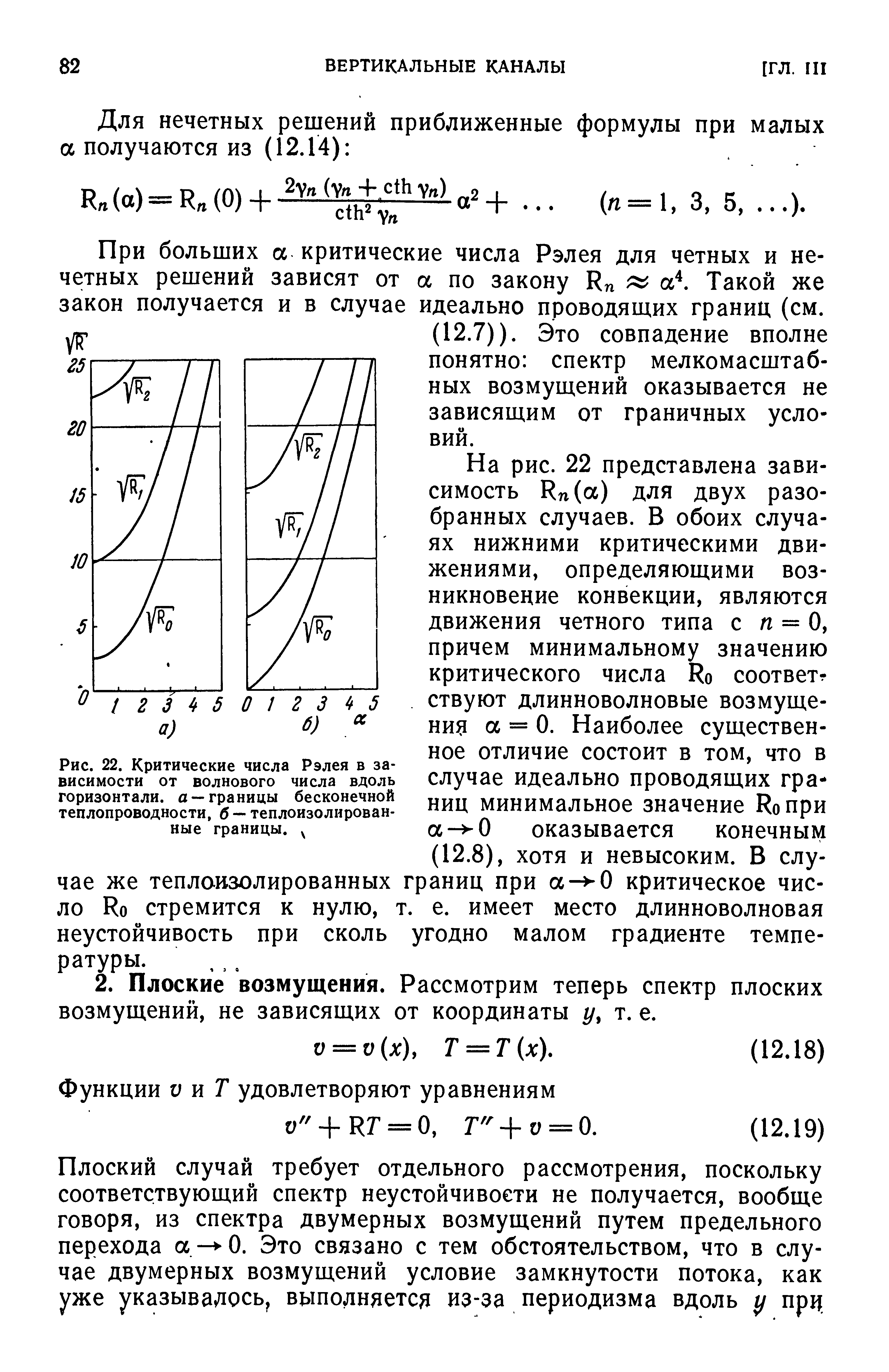 Рис. 22. <a href="/info/29302">Критические числа</a> Рэлея в зависимости от <a href="/info/14756">волнового числа</a> вдоль горизонтали, а —границы бесконечной теплопроводности, б -- теплоизолированные границы. 
