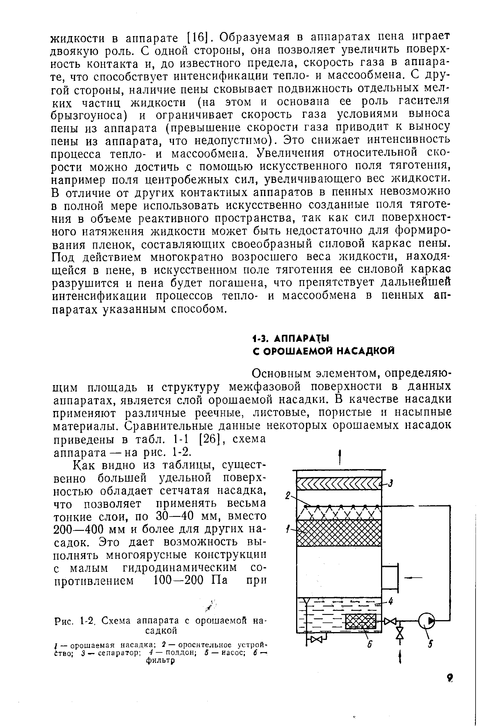 Основным элементом, определяющим площадь и структуру межфазовой поверхности в данных аппаратах, является слой орошаемой насадки. В качестве насадки применяют различные реечные, листовые, пористые и насыпные материалы. Сравнительные данные некоторых орошаемых насадок приведены в табл. 1-1 [26], схема аппарата — на рис. 1-2.
