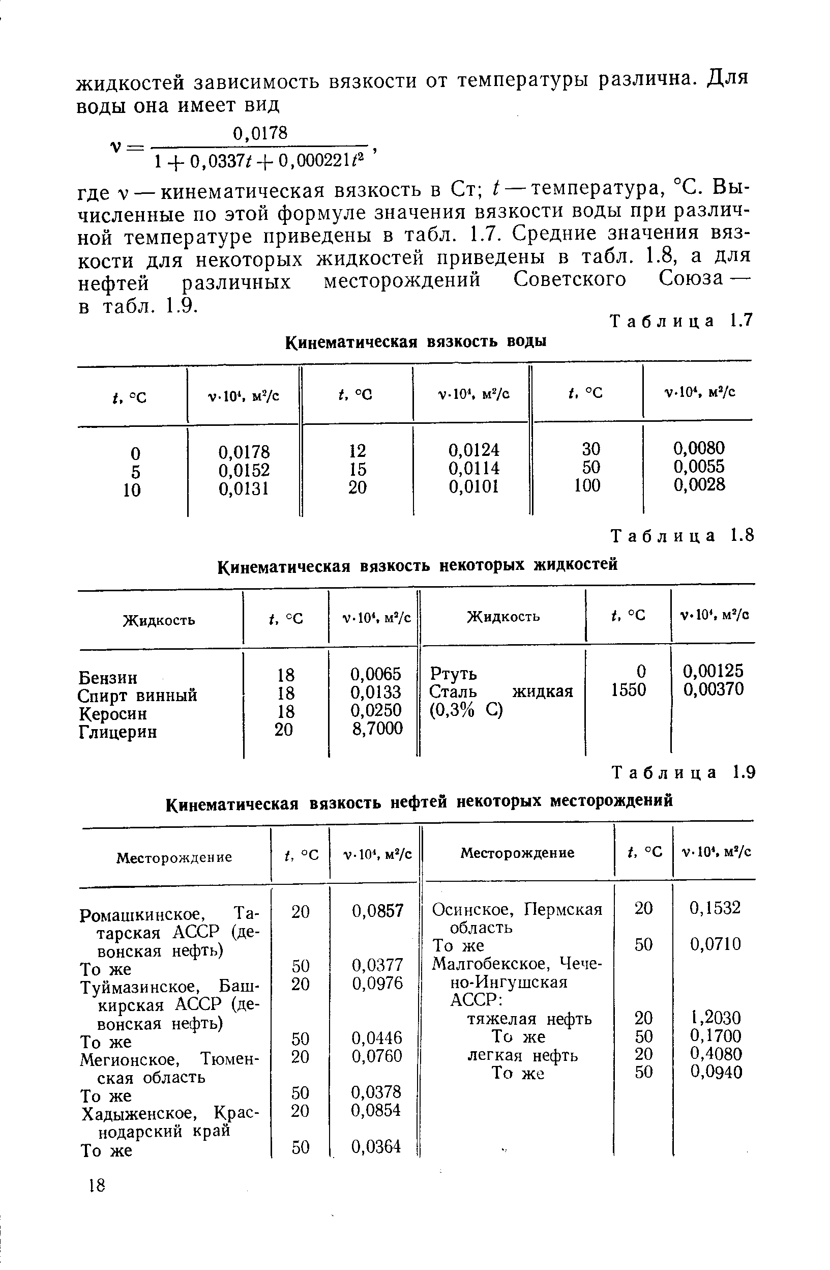 Таблица 1.8 <a href="/info/18527">Кинематическая вязкость</a> некоторых жидкостей
