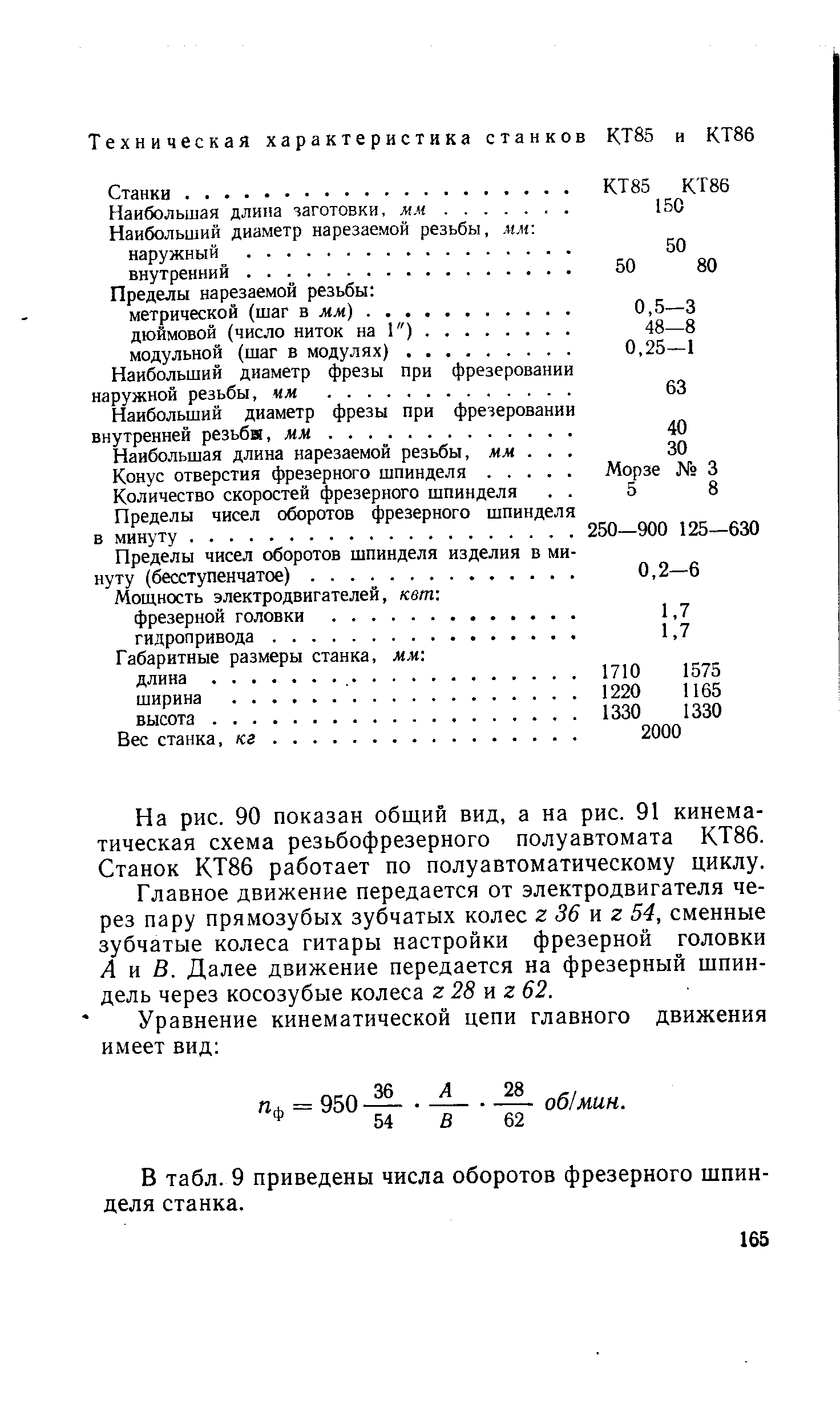 Главное движение передается от электродвигателя через пару прямозубых зубчатых колес г 36 и г 54, сменные зубчатые колеса гитары настройки фрезерной головки Л и В. Далее движение передается на фрезерный щпиндель через косозубые колеса г 28 иг 62.
