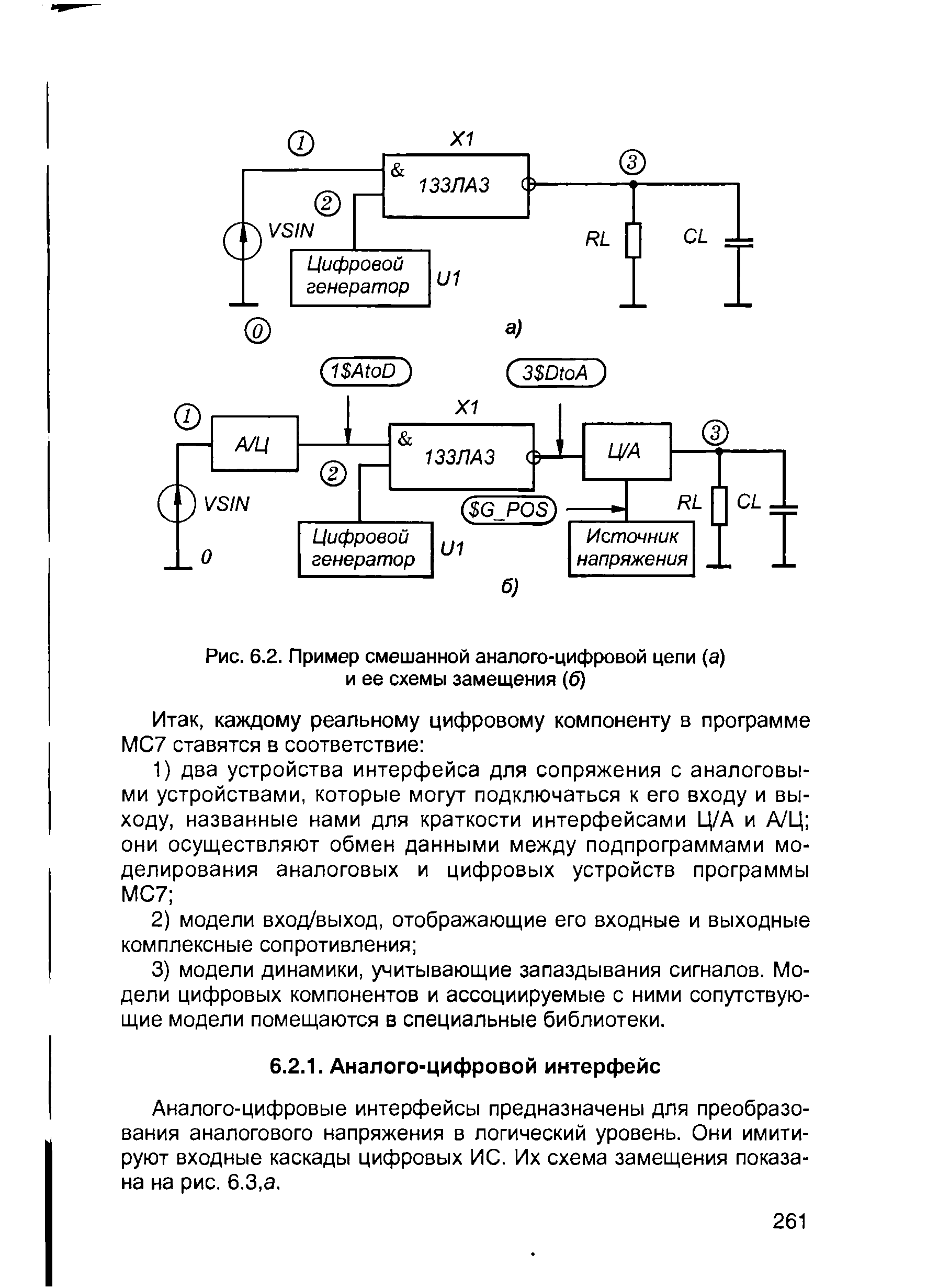 Аналого-цифровые интерфейсы предназначены для преобразования аналогового напряжения в логический уровень. Они имитируют входные каскады цифровых ИС. Их схема замещения показана на рис. 6.3,а.
